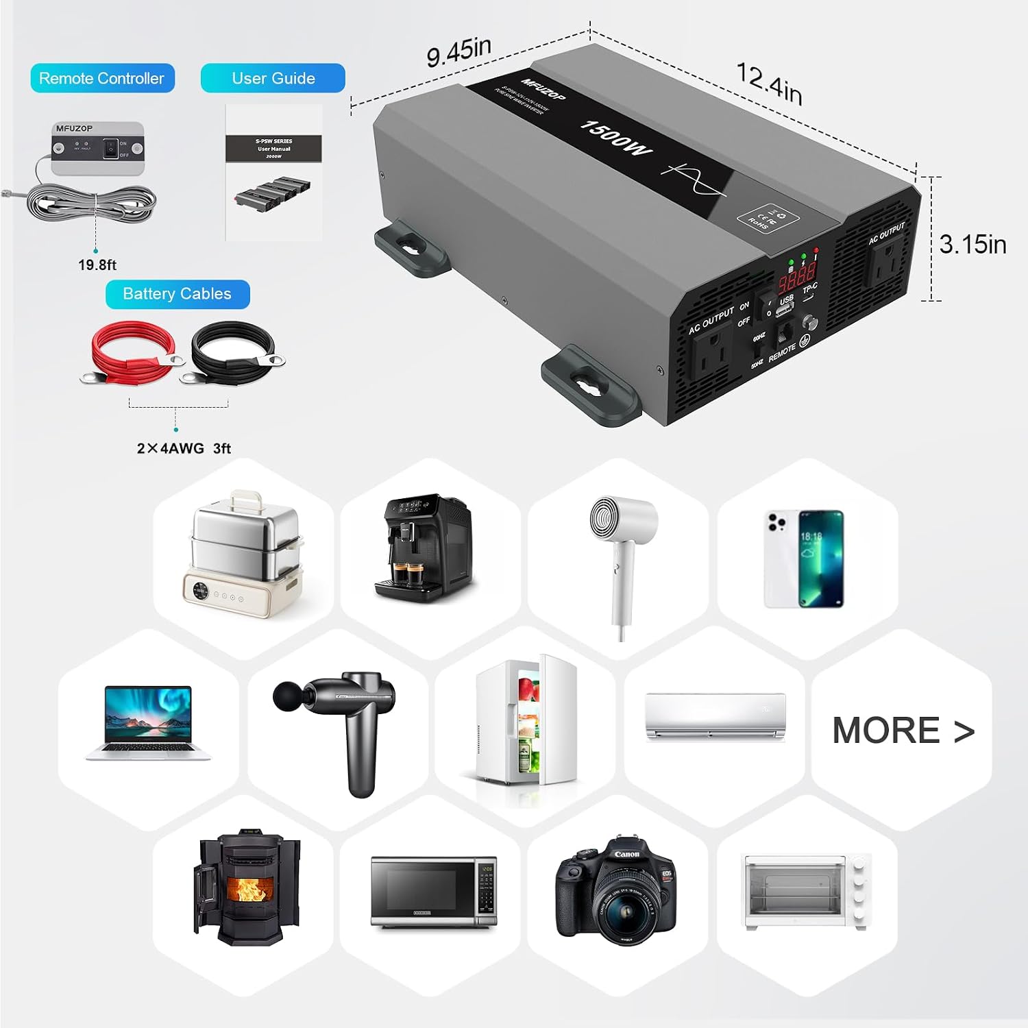 Pure Sine Wave Inverter 1500W Power 12V DC to 110V 120V AC Converter 3000W Peak Power Inverter with Dual AC Outlets USB Port Type-C Remote Control LCD Display for Truck RV Vehicles Solar