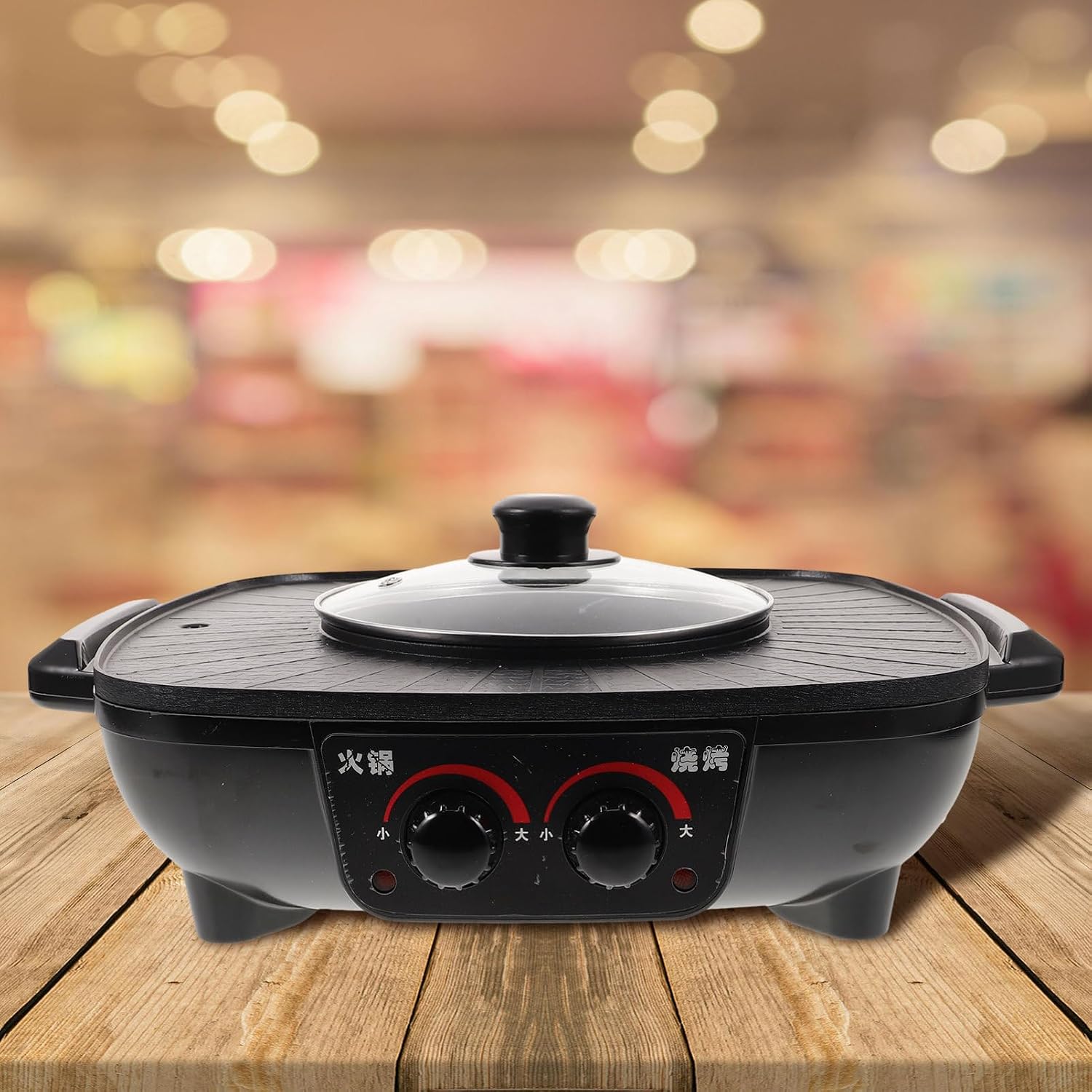 COLLBATH Electric Hot Pot Grill Multi-function Cooker with Smokeless Non-stick Coating Temperature Control for Home and Restaurant Use Black Color with Triangle Plug