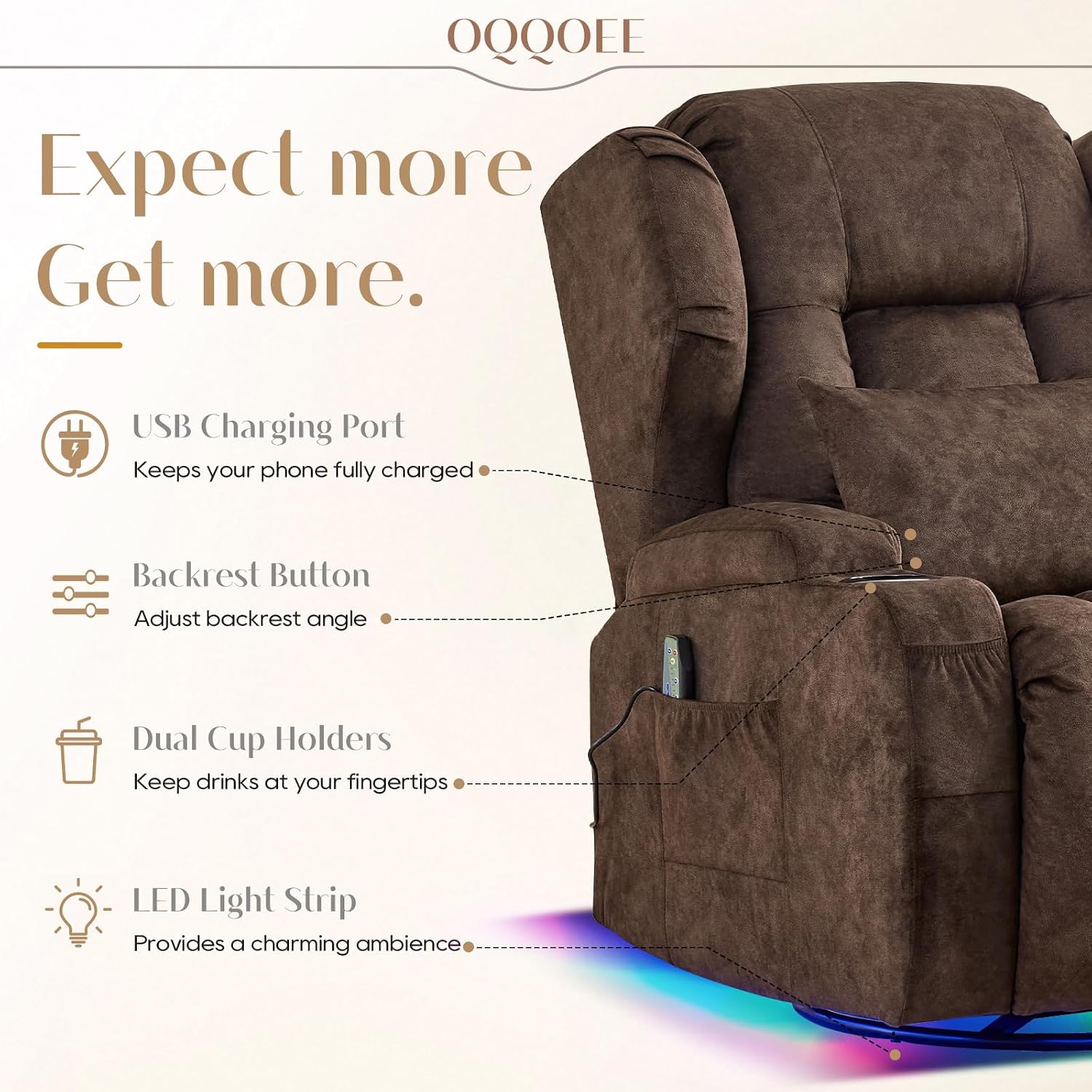 Power Swivel Rocker Recliner Chair with Massage & Heat, Dual Motor Electric Glider Rocking Recliner with USB Ports, Cup Holders & LED Light for Living Room, Home Theater (Brown)