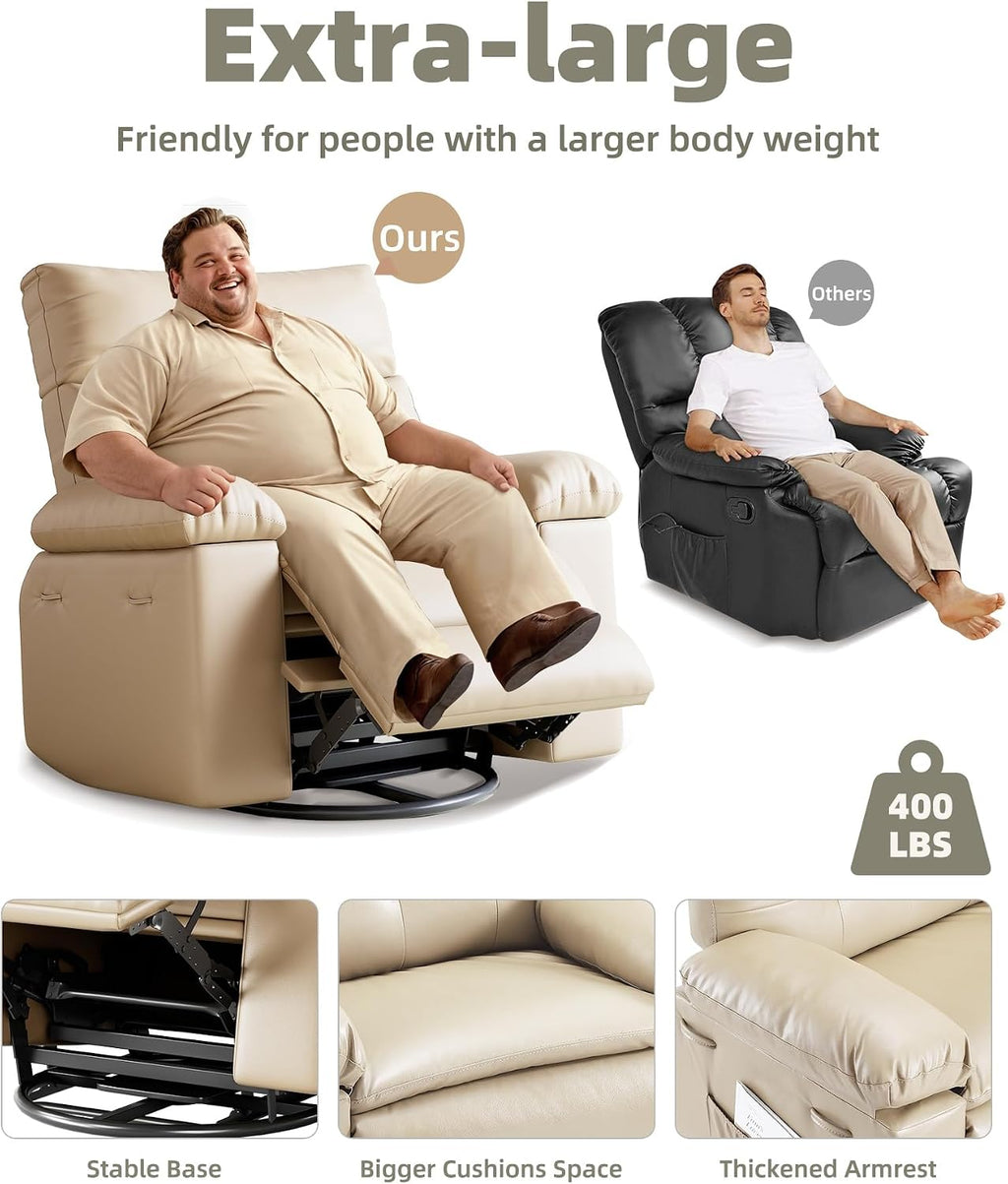 GarveeHome Oversized Leather Recliner Chair, Swivel Rocker Manual Recliner for Adults, Lazy Rocking Chair with Comfort Arms and Back Single Sofa for Living Room