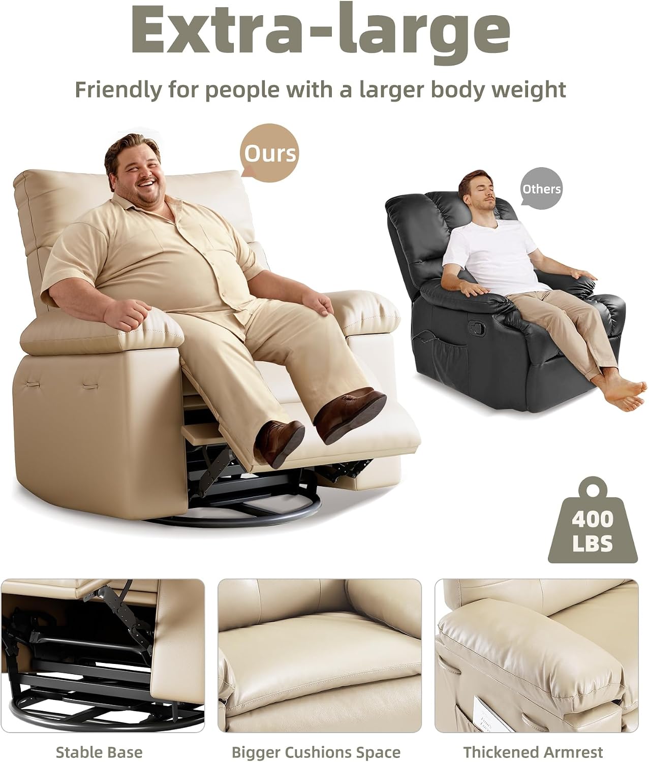 GarveeHome Oversized Leather Recliner Chair, Swivel Rocker Manual Recliner for Adults, Lazy Rocking Chair with Comfort Arms and Back Single Sofa for Living Room