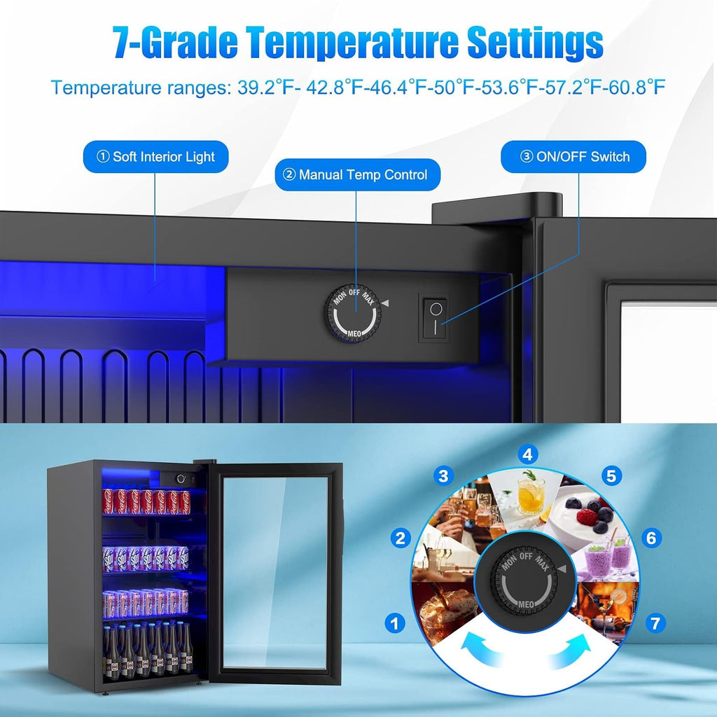COSTWAY 120 Can Mini Beverage Fridge, Freestanding Beverage Refrigerator Cooler with Glass door, Removable Shelves for Soda Beer Wine, Small Drink Bar Fridge for Home Living Bedroom, 3.2 Cu.Ft