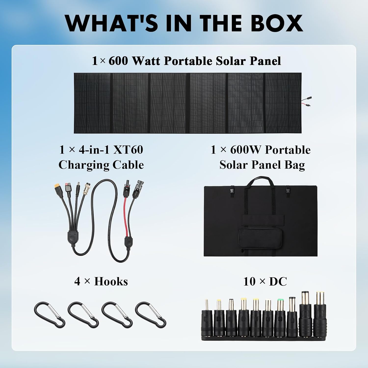 600W Portable Solar Panel, 48V Foldable Solar Panel 25% High Efficiency IP68 Waterproof with 10ft 4-in-1 Cable and 10×DC Adapter, Adjustable Kickstand for Power Station Camping RV