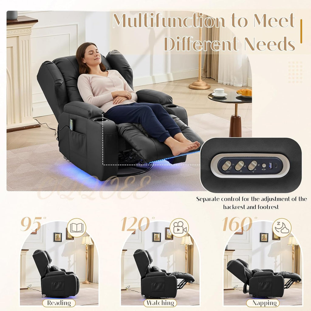 Power Swivel Rocker Recliner Chair with Massage & Heat, Dual Motor Electric Glider Rocking Recliner with USB Ports, Cup Holders & LED Light for Living Room, Home Theater (Black)