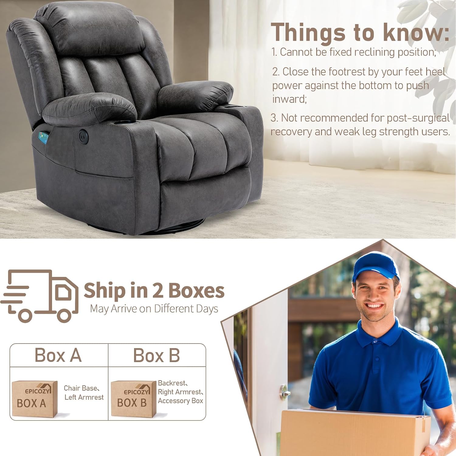 360° Swivel Rocker Recliner Chair with Heat and Massage, Manual Glider Rocking Reclining Chair, Swivel Overstuffed Lounge Reclining Chair with 2 Cup Holders, Side Pockets & USB Ports, Grey