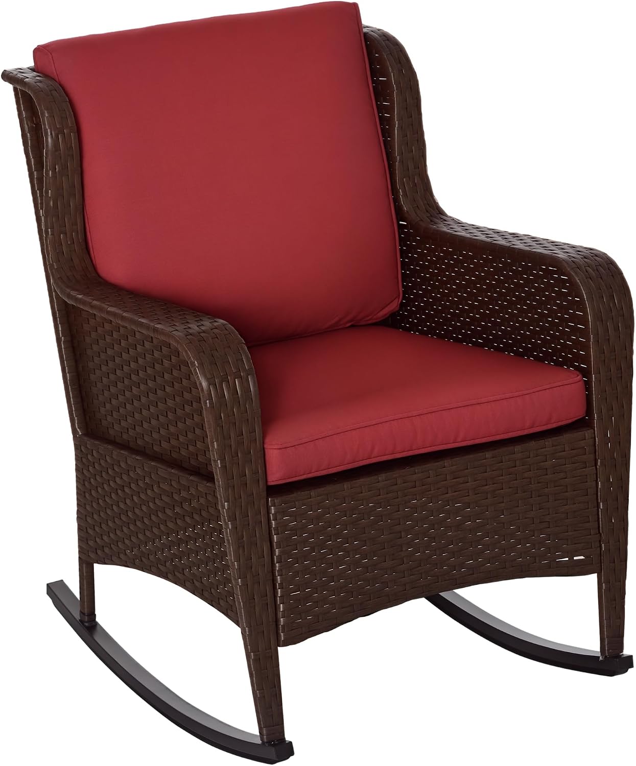 Outsunny Outdoor Wicker Rocking Chair with Wide Seat, Thick Cushions, Rattan Rocker with Steel Frame, High Weight Capacity for Patio, Garden, Backyard, Wine Red
