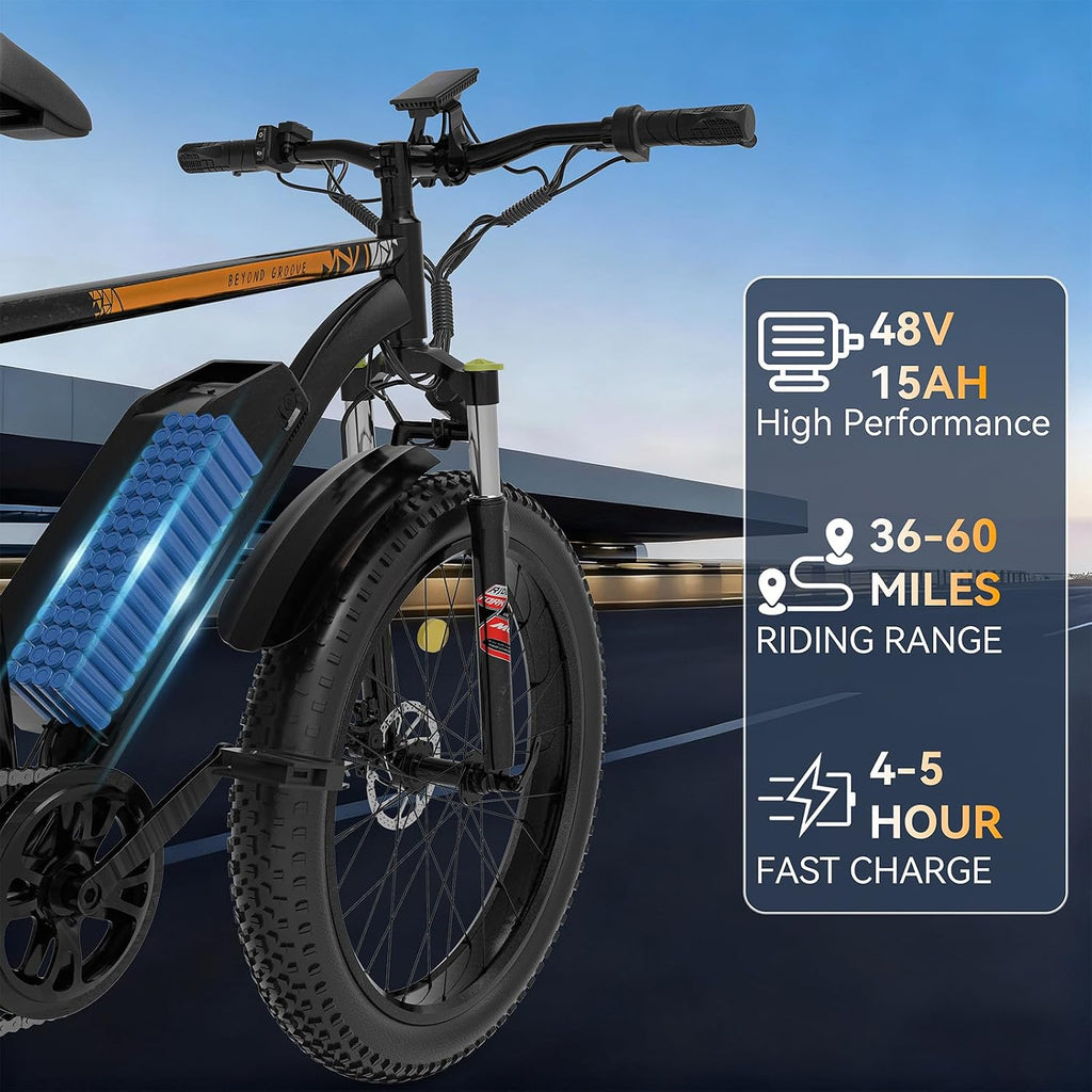 Electric Bike for Adults丨1500W Peak Power丨20 MPH,60+Miles丨48V 15Ah Removable Battery丨26''Fat Tires丨7-Speed Gears丨Dual Shock Absorbers丨 High Carbon Steel. Adaptive Cruise Control.