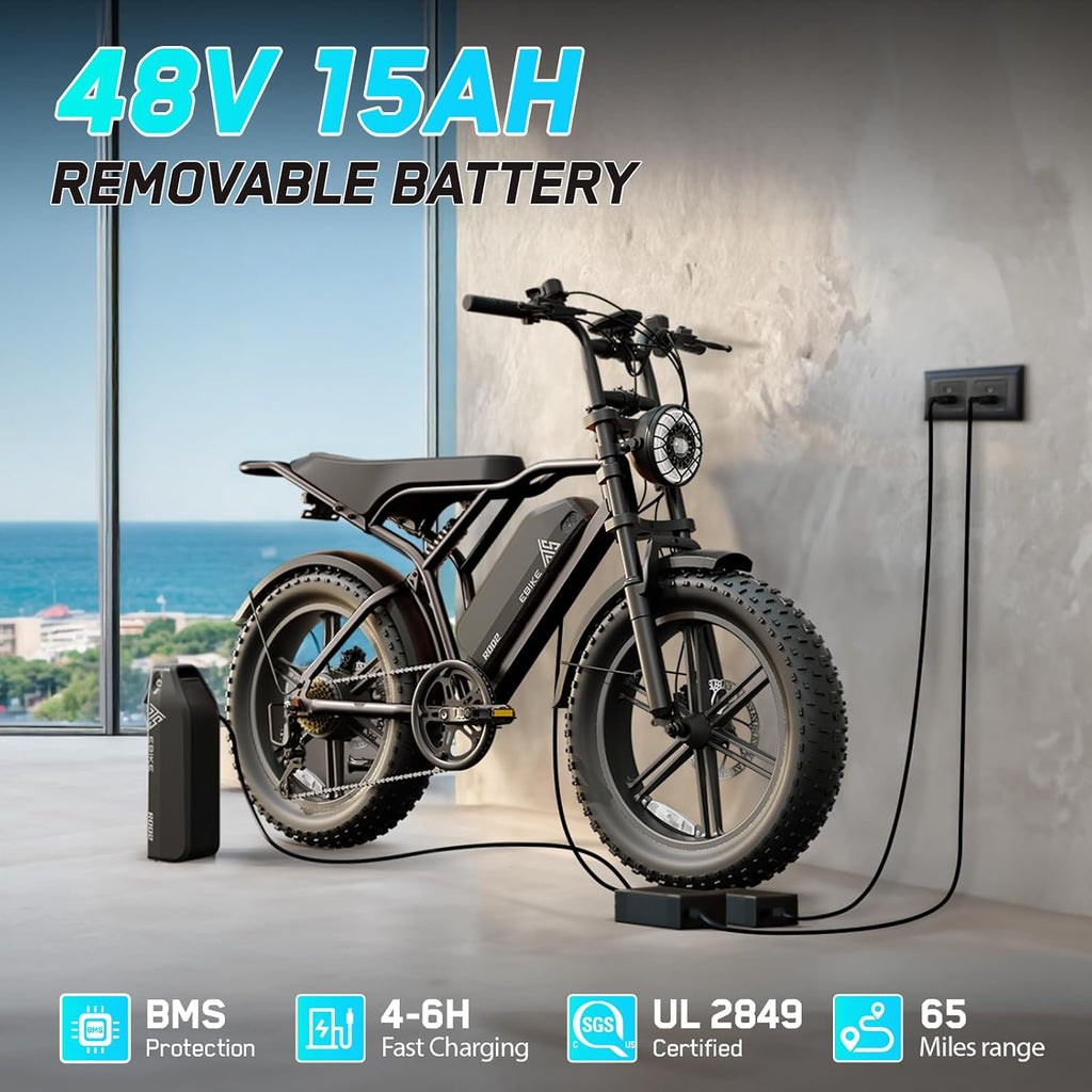 TST Electric Bike for Adults, 1500W Peak Motor 60 Miles Fat Tire Ebike with 48V 15Ah Removable Battery 20' Fat Tire Electric Bike, Dual Suspension，7 Speeds