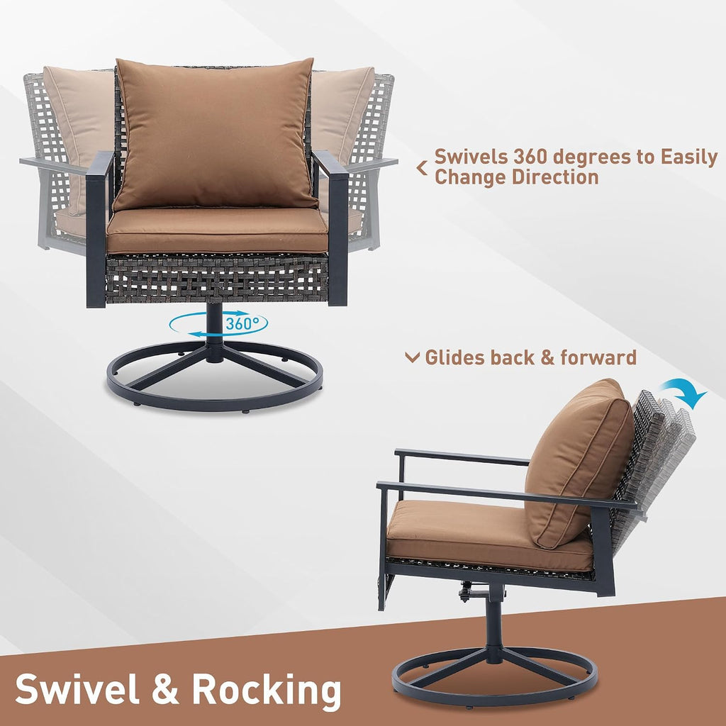 GDY Outdoor Patio Swivel Rocking Chairs Set, Patio Porch Furniture with Thick Cushions, 3 Pieces Outdoor Bistro Set with Rattan Side Table, Loading capacity 440LBS, for Garden, Porch, Poolside, Brown.