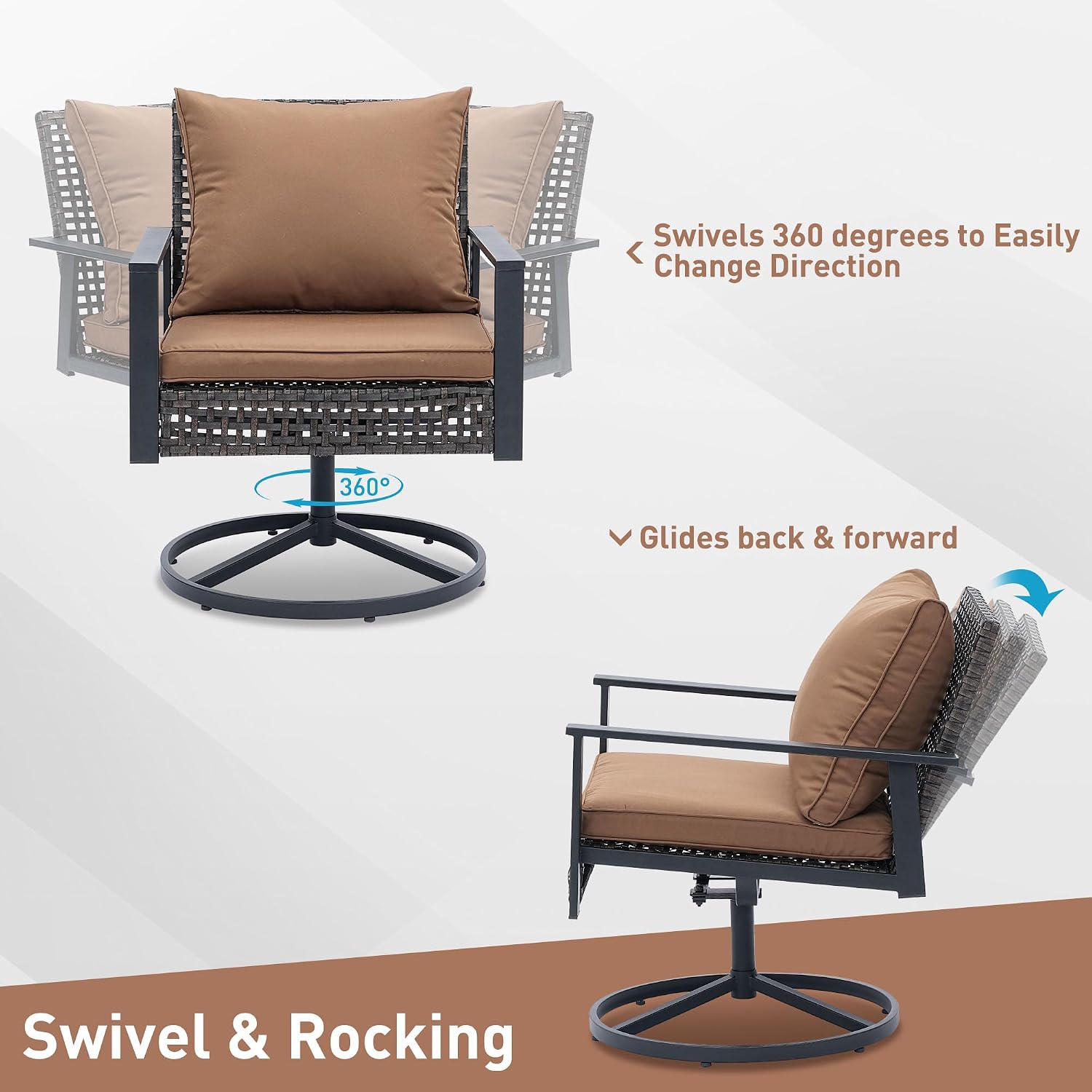 GDY Outdoor Patio Swivel Rocking Chairs Set, Patio Porch Furniture with Thick Cushions, 3 Pieces Outdoor Bistro Set with Rattan Side Table, Loading capacity 440LBS, for Garden, Porch, Poolside, Brown.