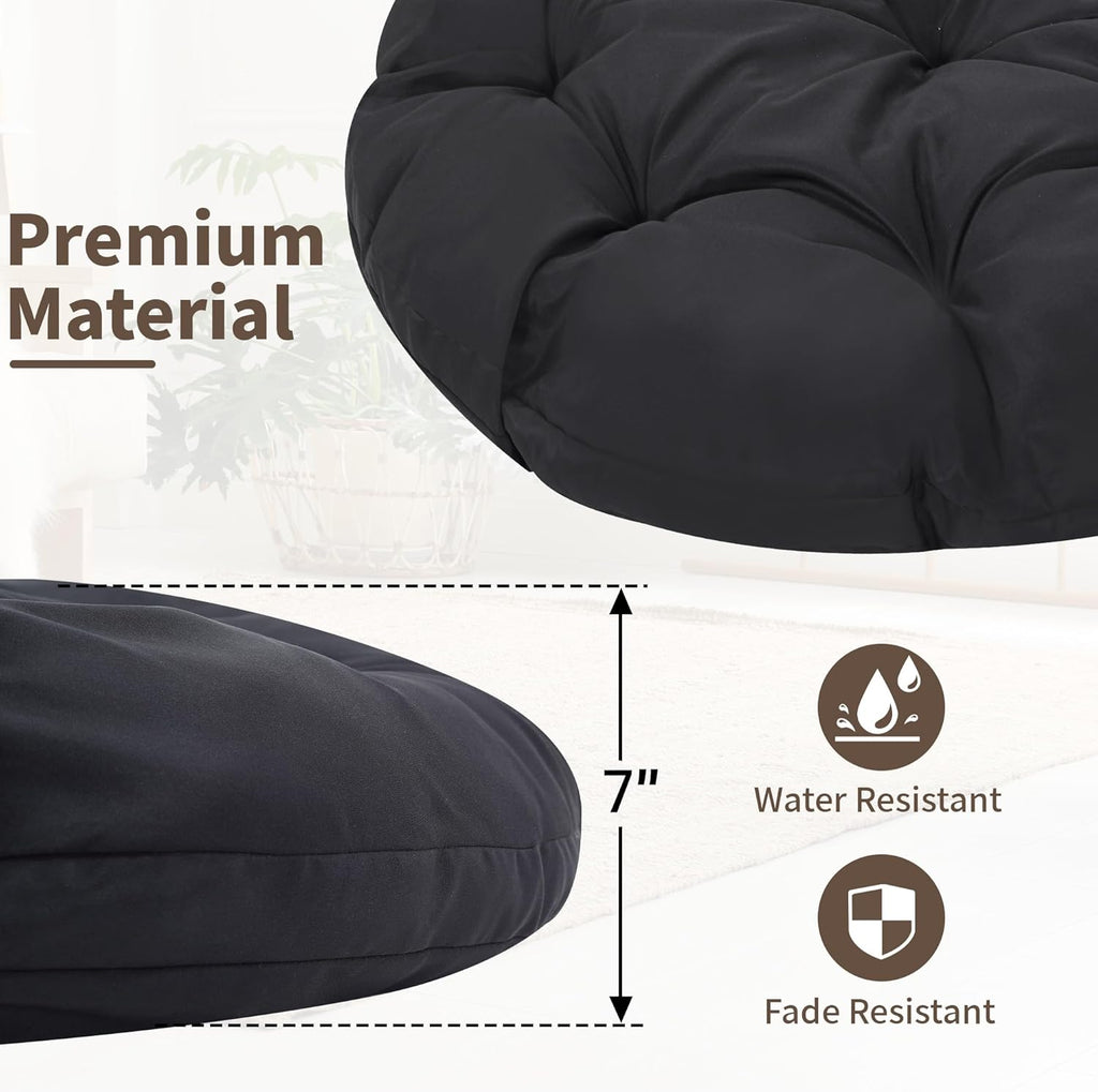 KROFEM 46' Giant Oversized Rattan Papasan Chair with Cushion and Frame for Adults, Fluid 360° Swivel, Waterproof, Grey Frame with Black Cushion
