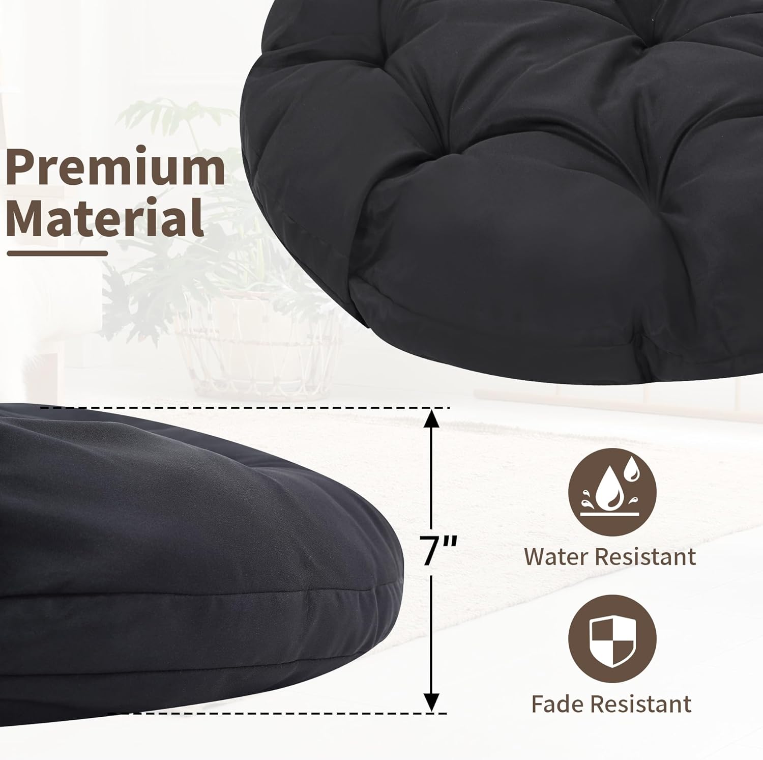 KROFEM 46' Giant Oversized Rattan Papasan Chair with Cushion and Frame for Adults, Fluid 360° Swivel, Waterproof, Grey Frame with Black Cushion