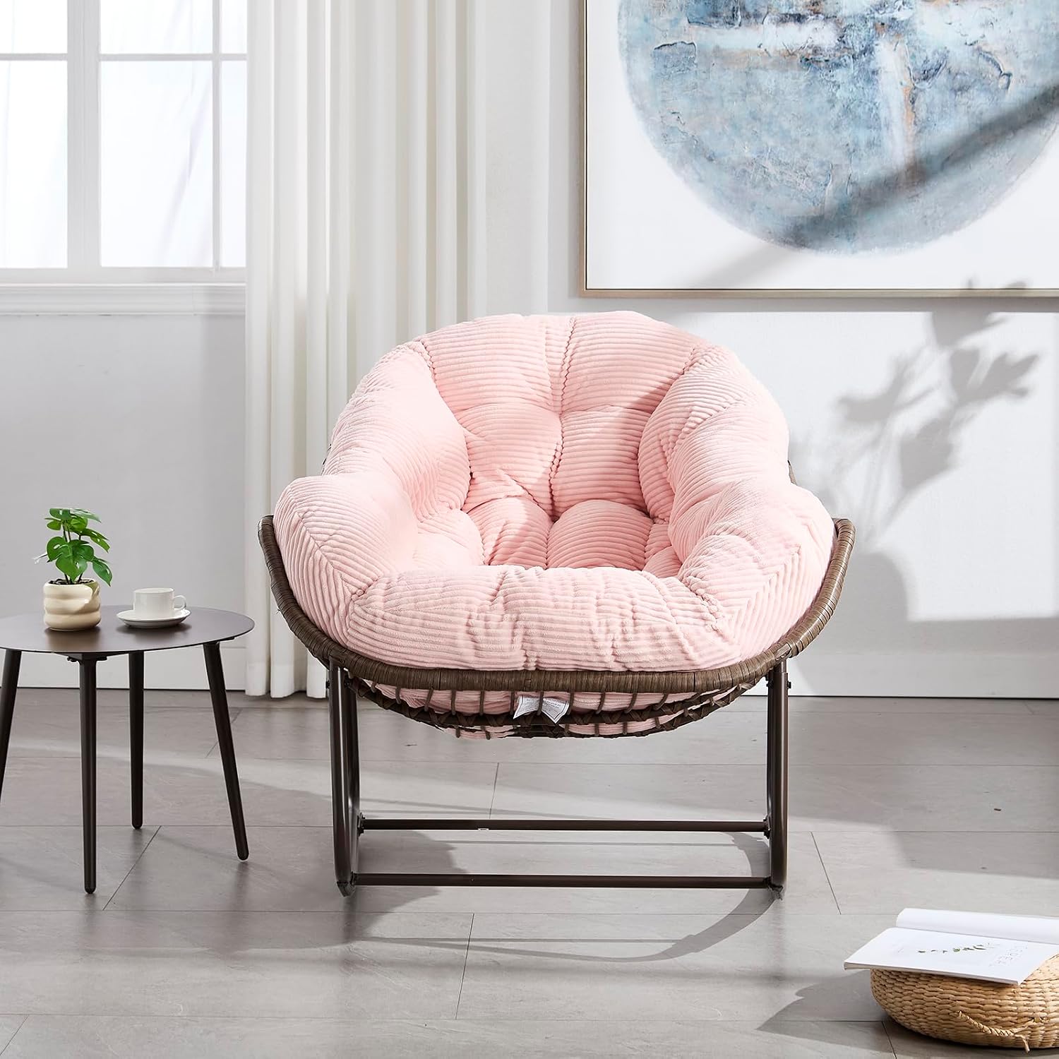 Deolme Large Papasan Rocking Chair with Cushion, Oversized Comfy Reading Lounging Indoor Outdoor Rocker for Front Porch Backyard Bedroom Living Room Egg Chair Rattan (Pink)