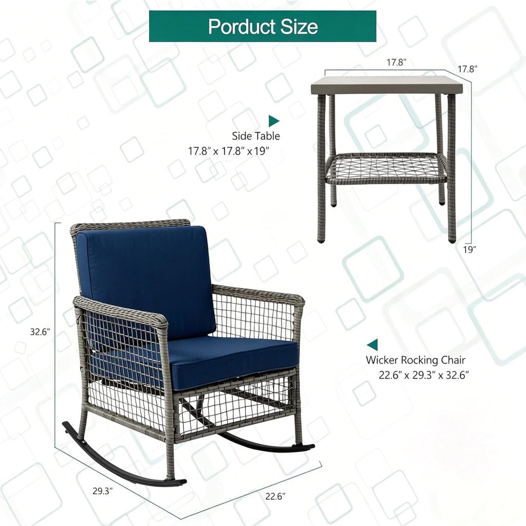 DECMICO 3-Piece Wicker Rocking Chair Set, Patio Bistro Furniture with Cushions & Side Table, Rattan Outdoor Conversation Bistro Set for Outdoor Use, Gray Rattan Navy Cushion