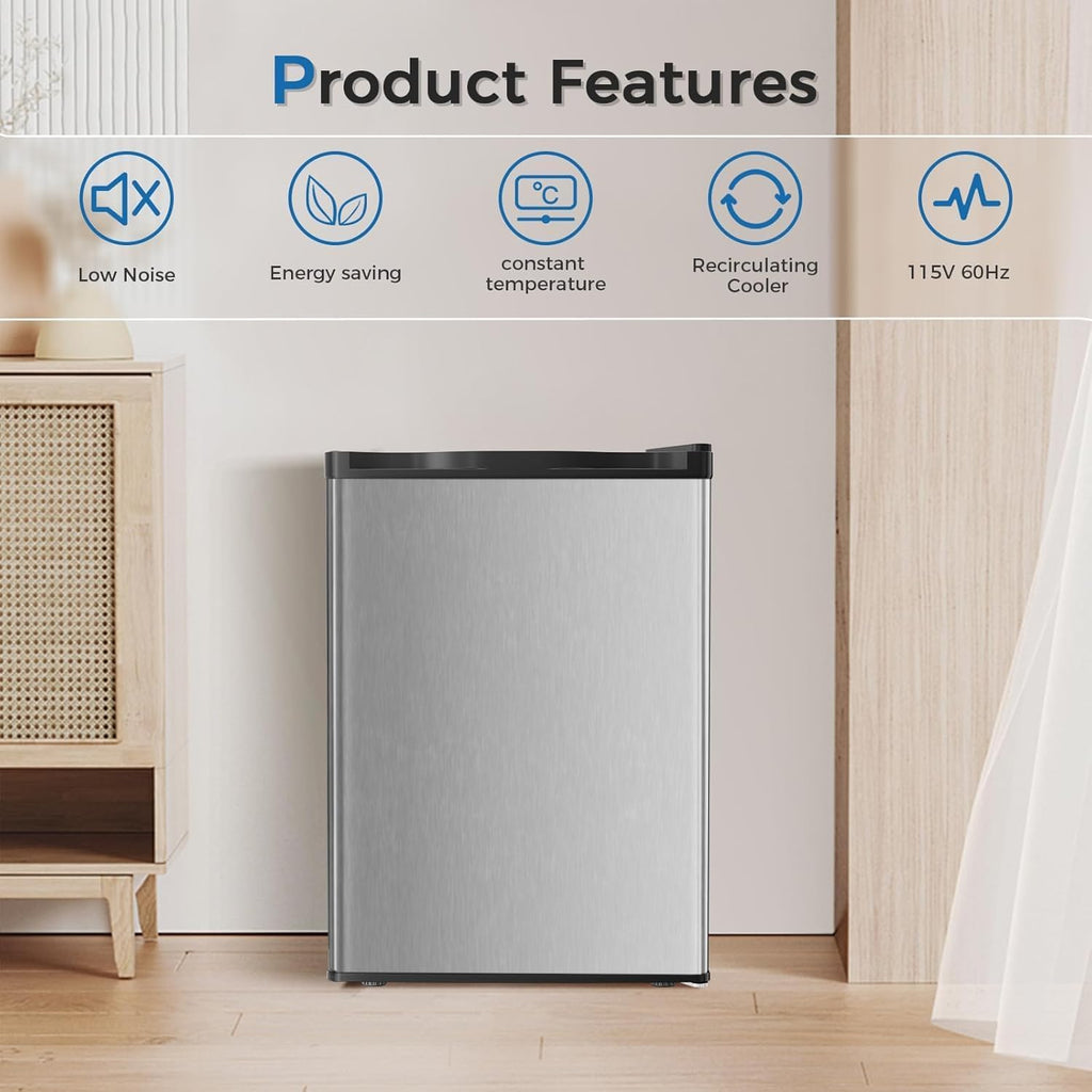Antarctic Star Mini Compact Refrigerator with Freezer, 2.6 Cu.Ft. Single Door Adjustable Removable Shelves for Apartment/Dorm/Office,Silver