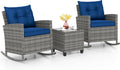 KOTEK 3 Piece Patio Furniture Rocking Bistro Set, Wicker Outdoor Rocking Chairs & Glass Table, PE Rattan Conversation Set for Porch, Balcony, Deck, Poolside (Mix Grey- Navy)