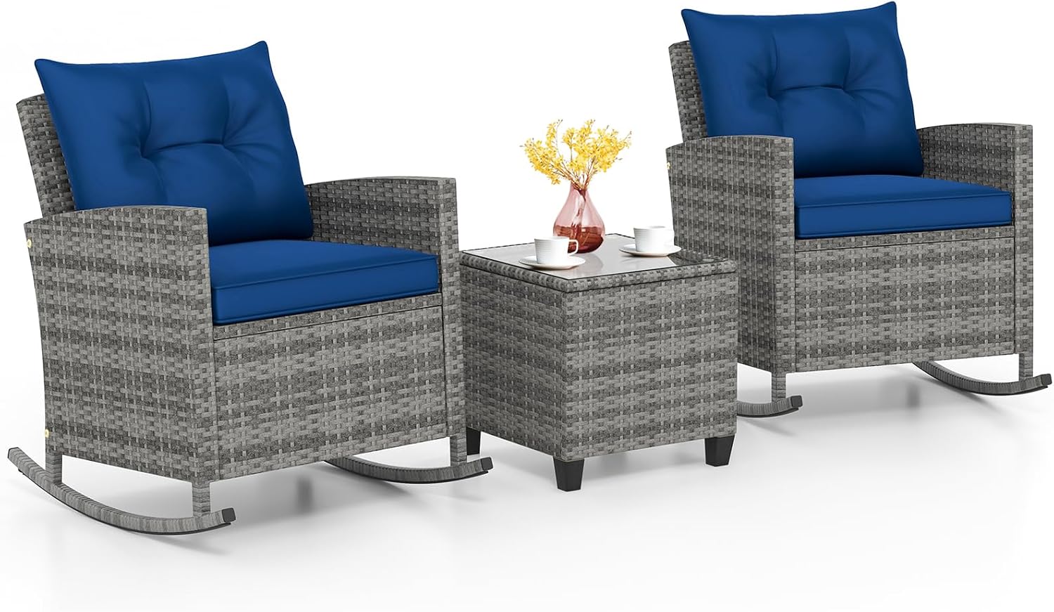 KOTEK 3 Piece Patio Furniture Rocking Bistro Set, Wicker Outdoor Rocking Chairs & Glass Table, PE Rattan Conversation Set for Porch, Balcony, Deck, Poolside (Mix Grey- Navy)