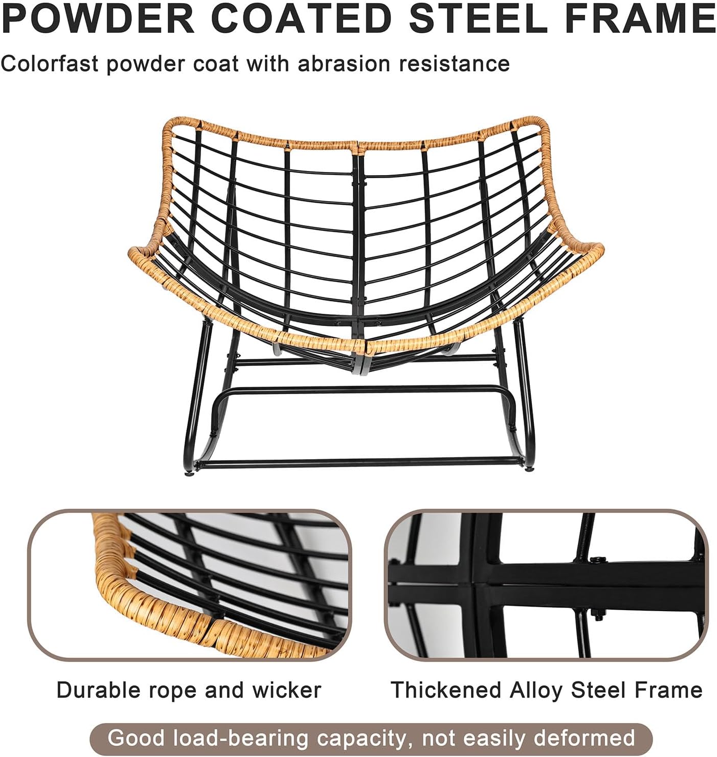 Papasan Chair, Outdoor Rocking Chair with Cushion, 450LB Heavy Duty Egg Chair, Indoor Outdoor Patio Rocking Chairs for Balcony, Porch, Living Room, Bedroom, Lawn, Garden (Coffee.)