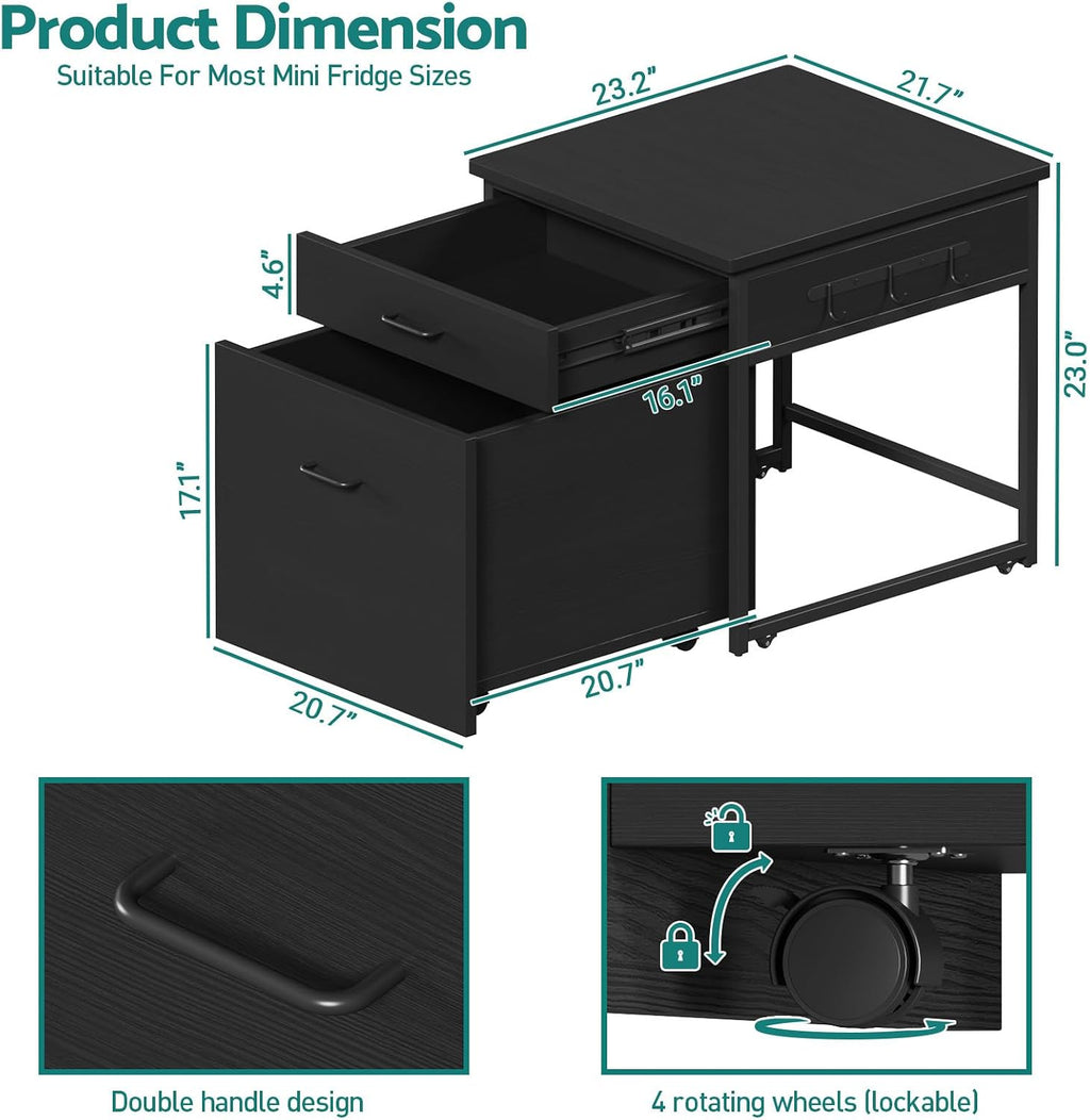 Kikihouse Mini Fridge Stand with Storage, Heavy Duty Mini Fridge Table with Rolling Cabinet, 250LBS Capacity Tabletop with Lockable Wheel for Dorm, Home, Office, Bedroom (Black)