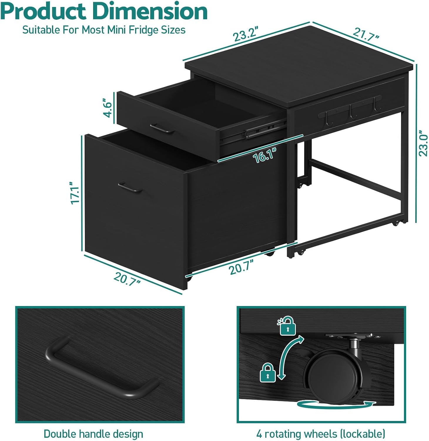 Kikihouse Mini Fridge Stand with Storage, Heavy Duty Mini Fridge Table with Rolling Cabinet, 250LBS Capacity Tabletop with Lockable Wheel for Dorm, Home, Office, Bedroom (Black)