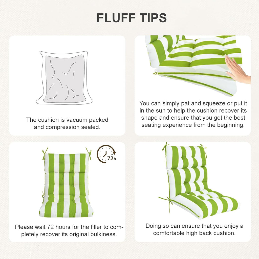 Outdoor High Back Chair Cushions 2-Pack, 44'x22'x 4' Fade-Resistant Waterproof Tufted Pads with Ties for Patio Rocking & Adirondack Chairs (Green White)