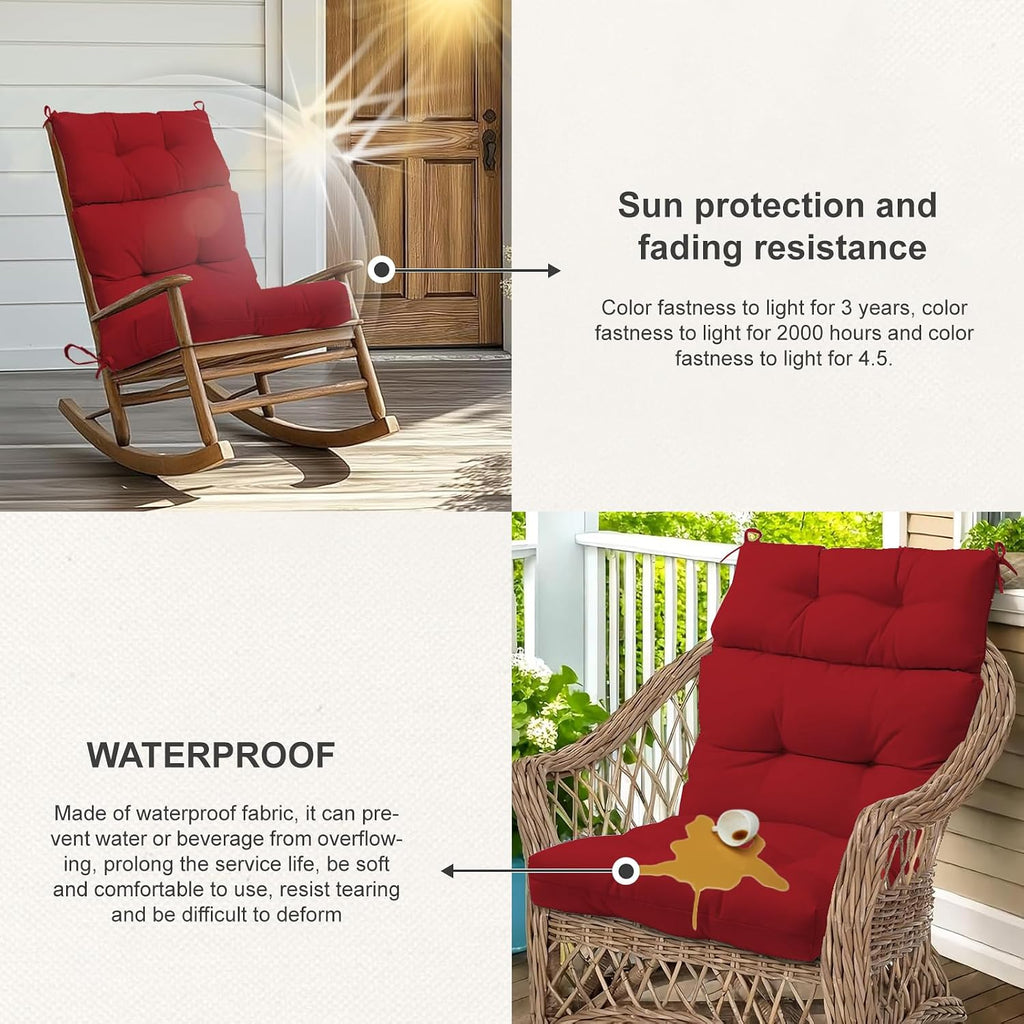 Outdoor High Back Chair Cushions 2-Pack, 44'x22'x 4' Fade-Resistant Waterproof Tufted Pads with Ties for Patio Rocking & Adirondack Chairs (Red)