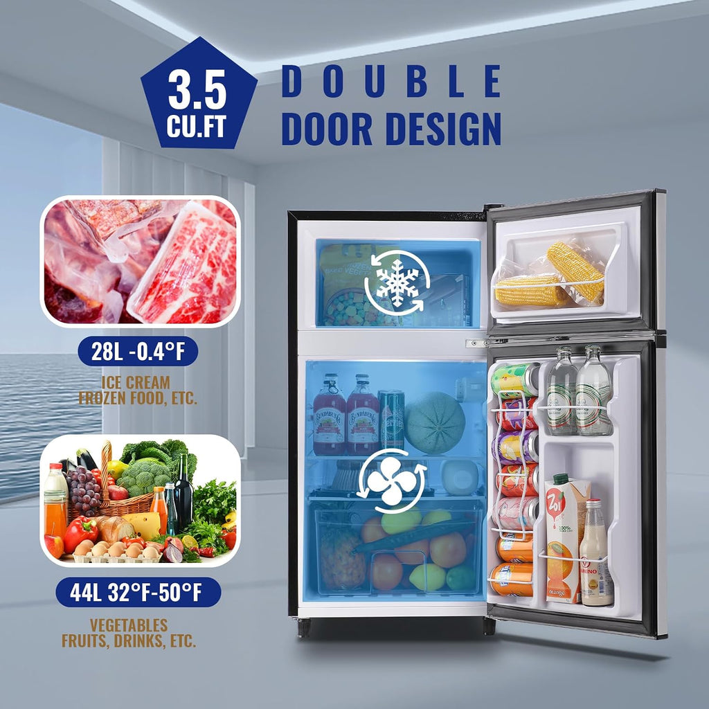 WANAI Refrigerator 3.5 Cu.Ft Refrigerator with Freezer, Retro Fridge with Dual Door,7 Adjustable Thermostat, Adjustable Shelves For Dorm, Office Bedroom, Silver