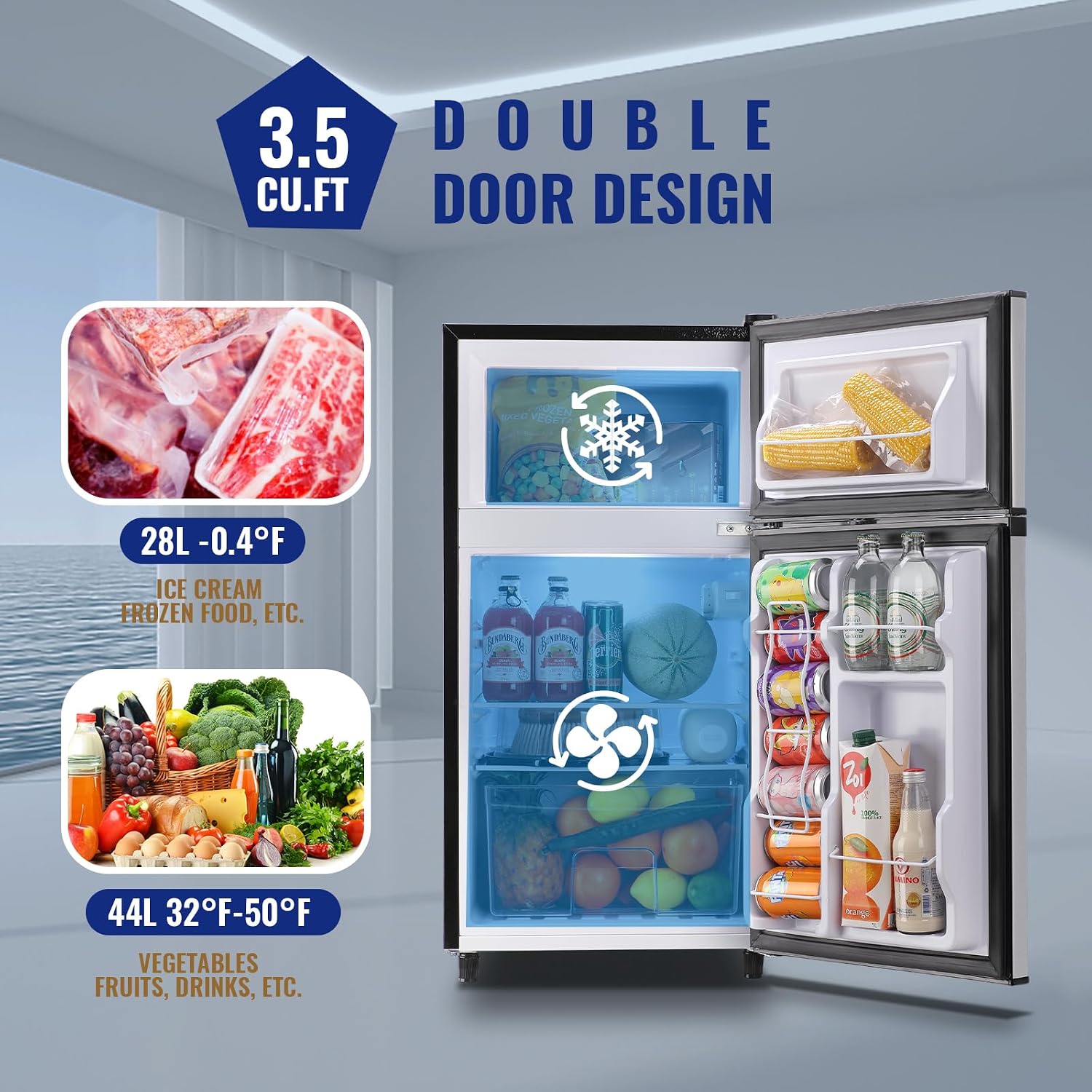 WANAI Refrigerator 3.5 Cu.Ft Refrigerator with Freezer, Retro Fridge with Dual Door,7 Adjustable Thermostat, Adjustable Shelves For Dorm, Office Bedroom, Silver