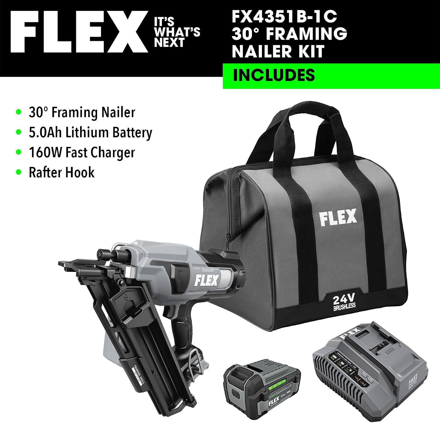 FLEX 24V Brushless 30° Framing Nailer Kit, Zero Ramp-up Time, 3 Nails/Sec, Ideal for Framing, Sheathing and Decking, w/ 5.0Ah Lithium Battery & 160W Fast Charger - FX4351B-1C