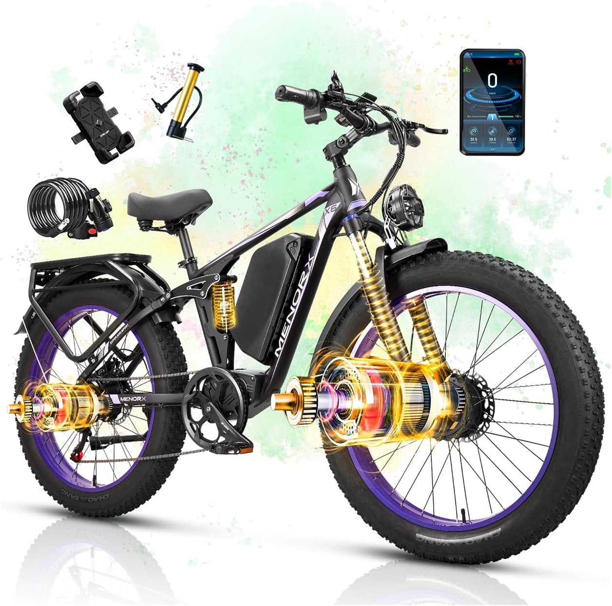MENORX Dual Motor Electric Bike,26'x4'Fat Tire Electric Bike,Up to 5000W/7000W Peak, 60V/25Ah & 52V/23Ah Lithium Battery,Up to 45/50MPH &105 Miles Range E Bike