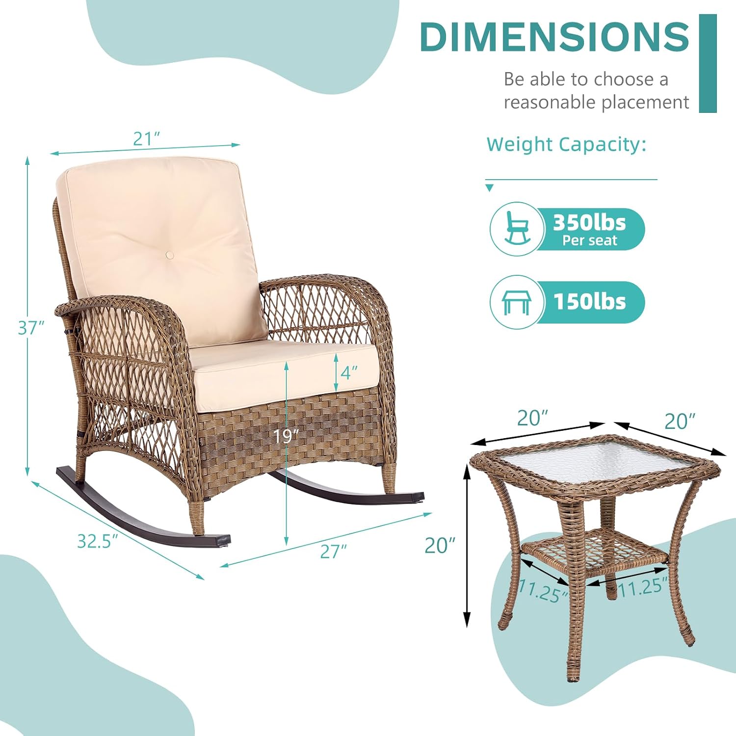 MEETWARM 3 Pieces Outdoor Wicker Rocking Chair Set, Rattan Patio Rocker Chairs Set with Cushions and Glass-Top Coffee Table, Conversation Bistro Set for Porch & Backyard - Beige
