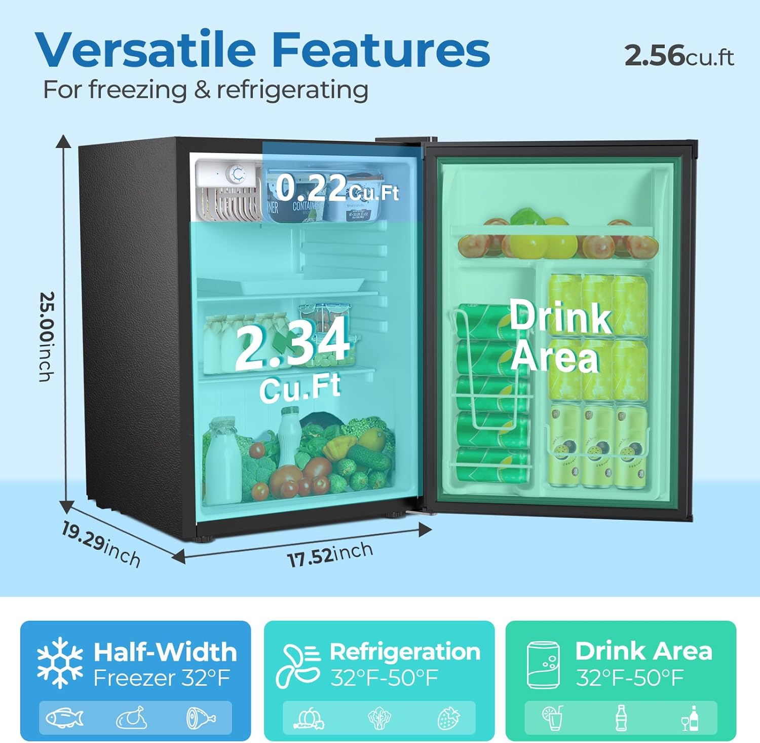 Electactic 2.56 Cu.ft Compact Refrigerator with Reversible Single Door, BLACK