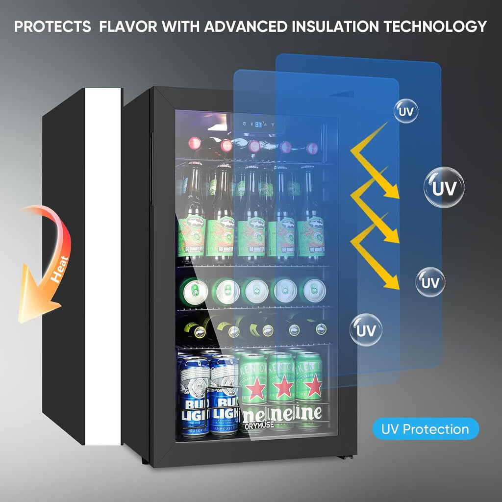 ORYMUSE 3.2 Cu.Ft Beverage Refrigerator, 130 Can Mini Fridge with Glass Door & Digital Temperature Control, Compressor Cooling Freestanding Cooler for Soda, Beer, Wine, Home, Office & Bar - Black