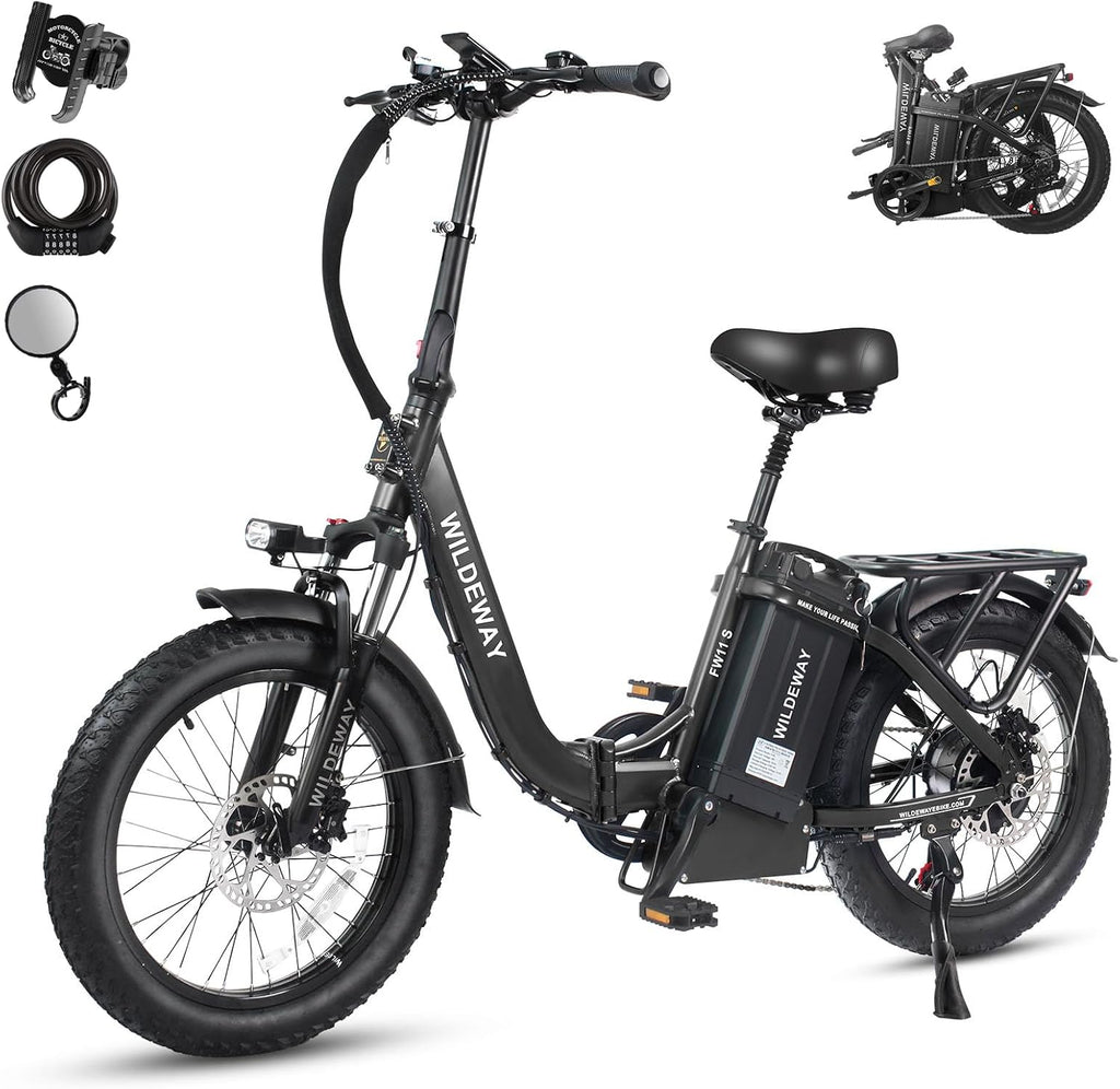 Wildeway Folding Electric Bike for Adults with 32Ah Battery Long Range 750W Motor 28MPH, 20'x 3.0'Fat Tire Foldable EBike, Urban City Commuter Men Women Bicycle 7 Speed Gear