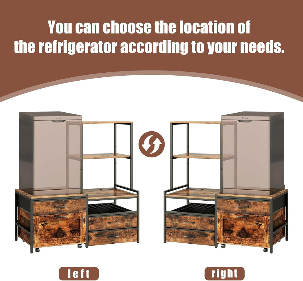Herture Mini Fridge Stand with Wine Rack, Kitchen Bakers Rack with Power Outlet, Microwave Oven Stand, Coffee Bar, Movable Drawers, for Dorm,Office, Brown HB04BXN