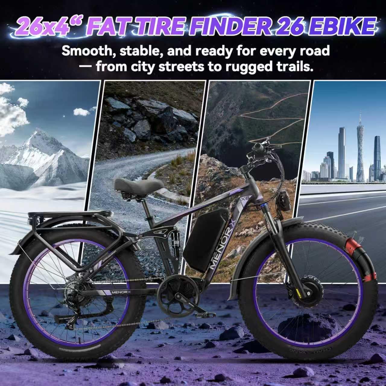 MENORX Dual Motor Electric Bike,26'x4'Fat Tire Electric Bike,Up to 5000W/7000W Peak, 60V/25Ah & 52V/23Ah Lithium Battery,Up to 45/50MPH &105 Miles Range E Bike