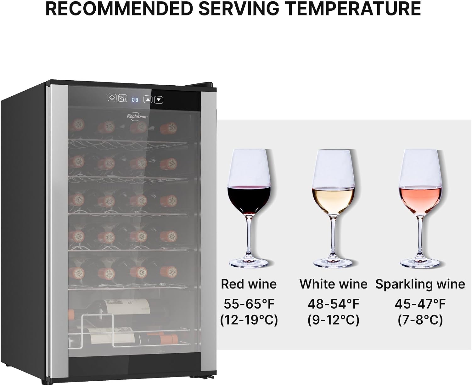 Koolatron 24 Bottle Wine Fridge – Freestanding Wine Cooler with Glass Door, 2.4 cu. ft (68 L), Beverage Can Refrigerator, Digital Temperature Control, Ideal for White, Red, Sparkling Wine, Champagne