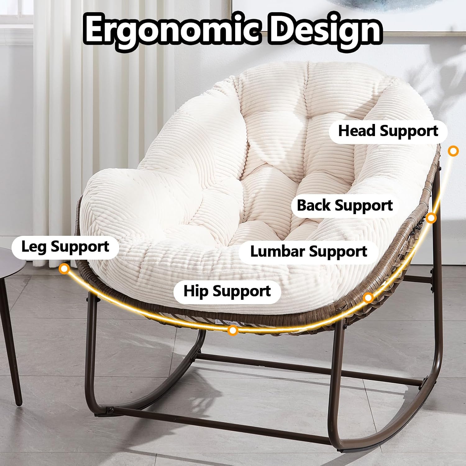 37' Papasan Rocking Chair with Cushion and Steel Frame, Oversized Outdoor Egg Rocking Chair, Rattan Circle Chairs for Grand Patio and Garden (White)