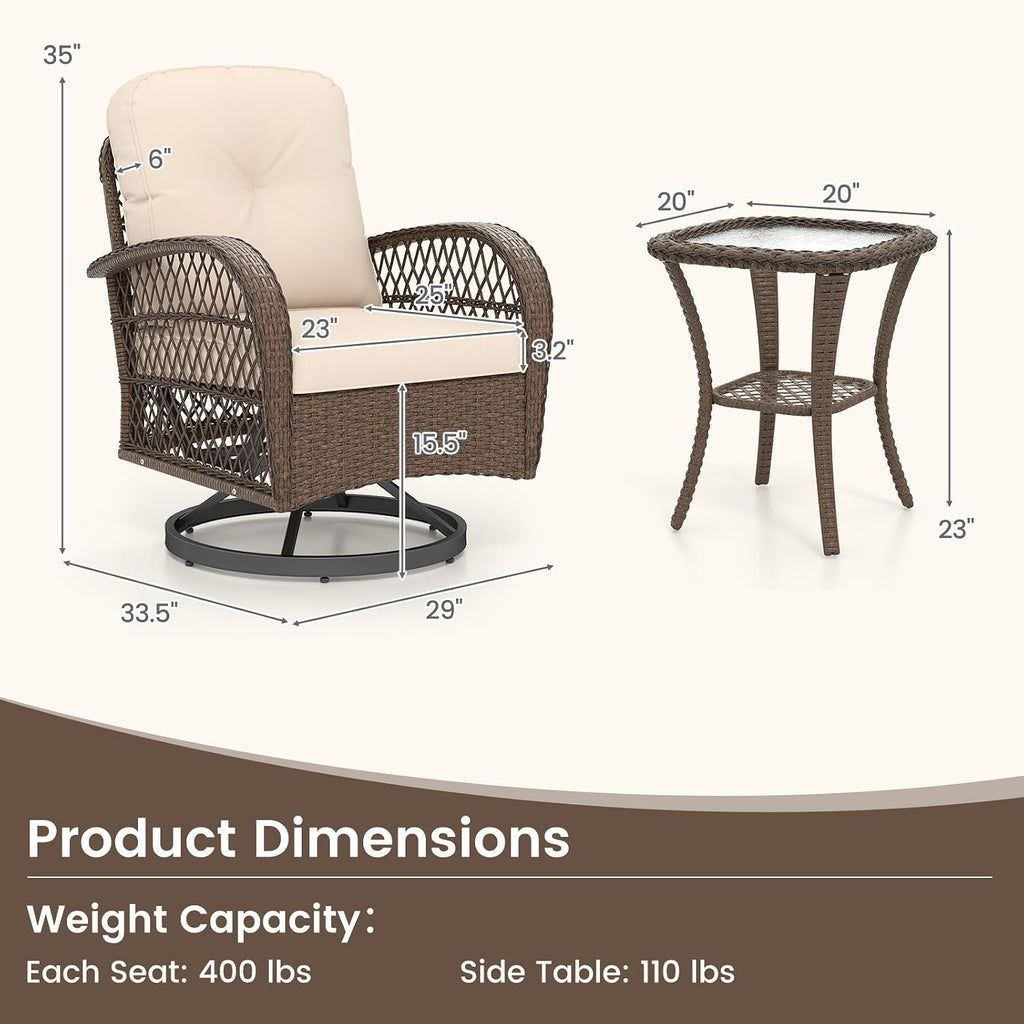 Tangkula 3 Piece Patio Swivel Rocker Set, 2 Outdoor Wicker Rocking Chairs with Tempered Glass Side Table, Outside Gliding Bistro Furniture Set with Thick Cushions for Porch, Yard, Balcony (Beige)