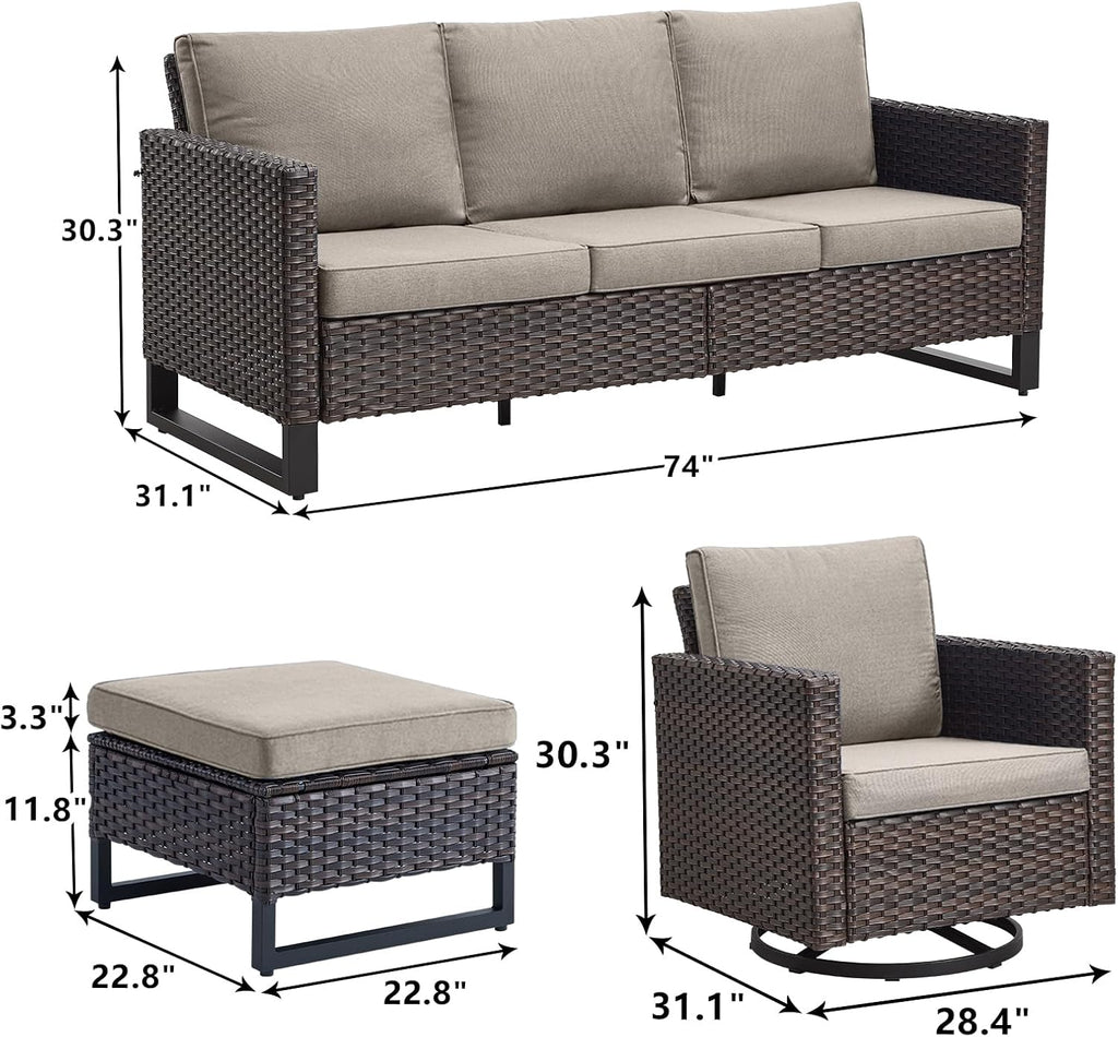 Rilyson Luxury Wicker Outdoor Patio Furniture Set of 5-5 Piece Patio Conversation Set with 2 Swivel Rocker Chairs,2 Rattan Ottoman and 1 Couch for Outside Porch Deck Backyard Garden(Brown/Beige)