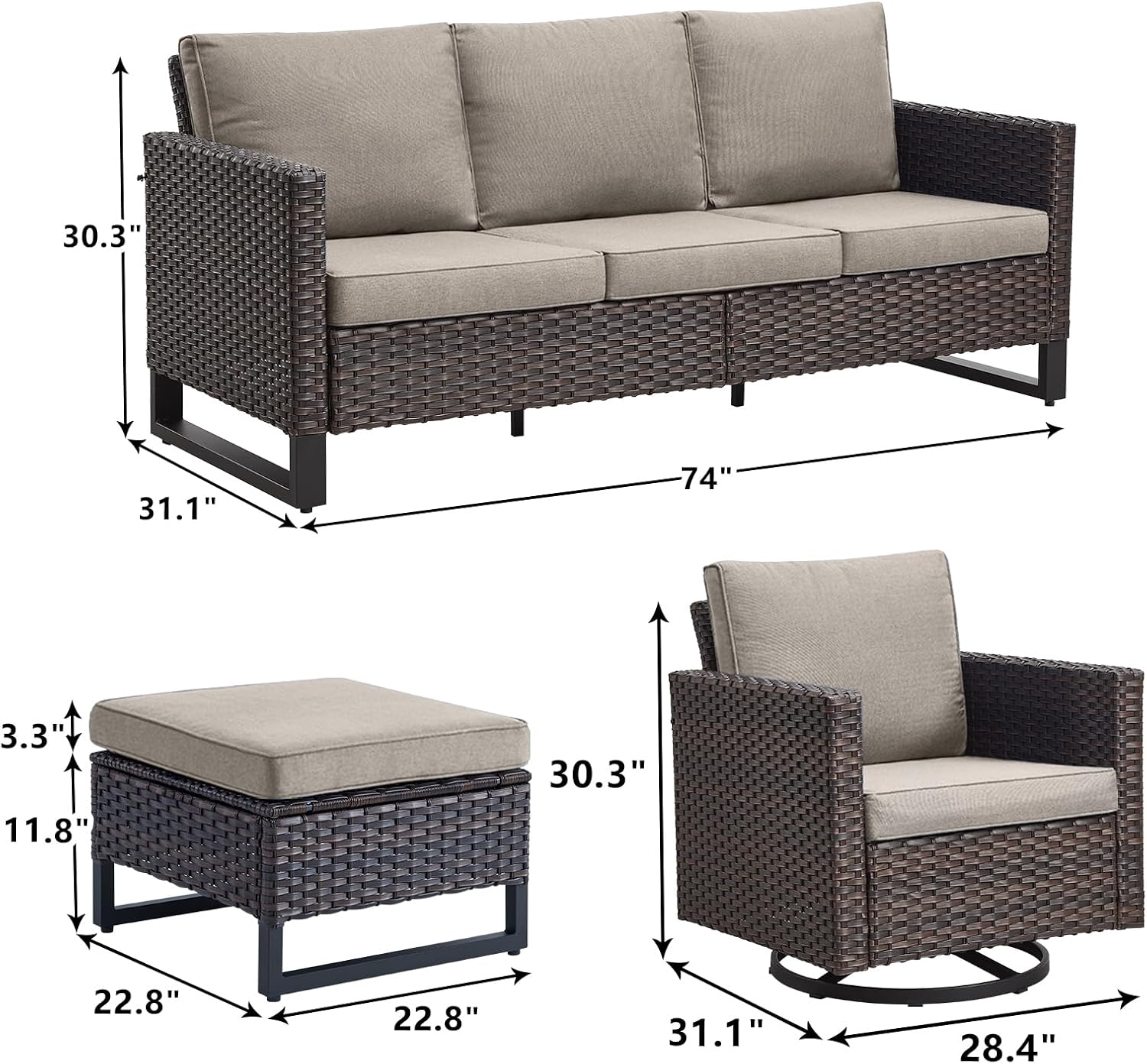 Rilyson Luxury Wicker Outdoor Patio Furniture Set of 5-5 Piece Patio Conversation Set with 2 Swivel Rocker Chairs,2 Rattan Ottoman and 1 Couch for Outside Porch Deck Backyard Garden(Brown/Beige)