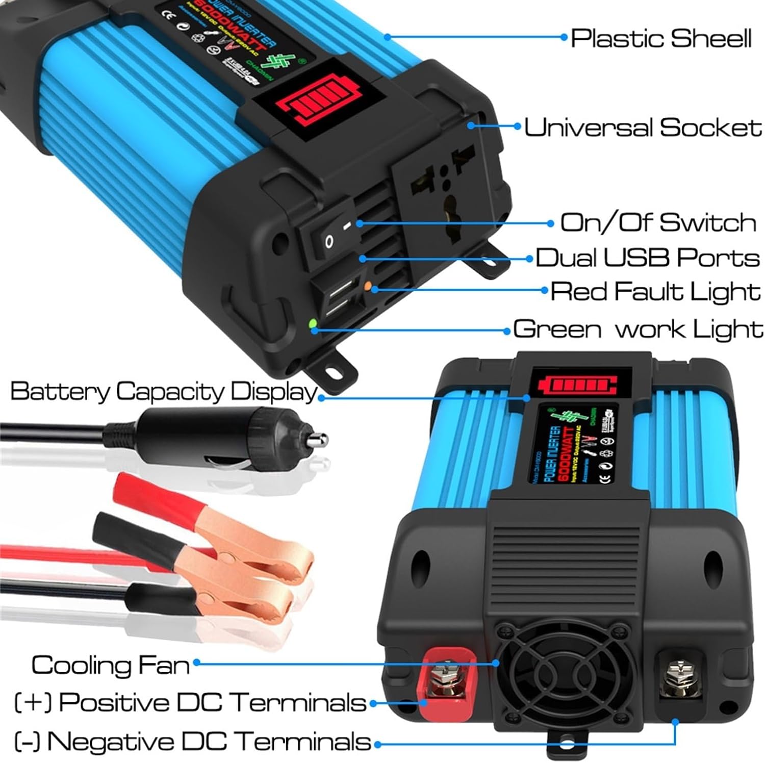 6000W Solar Inverter 12V to 110V/220V with 30A Controller & 18W 12V Solar Panel Kit - Portable Solar Generator for Home Grid System (Blue, 12V-110V)