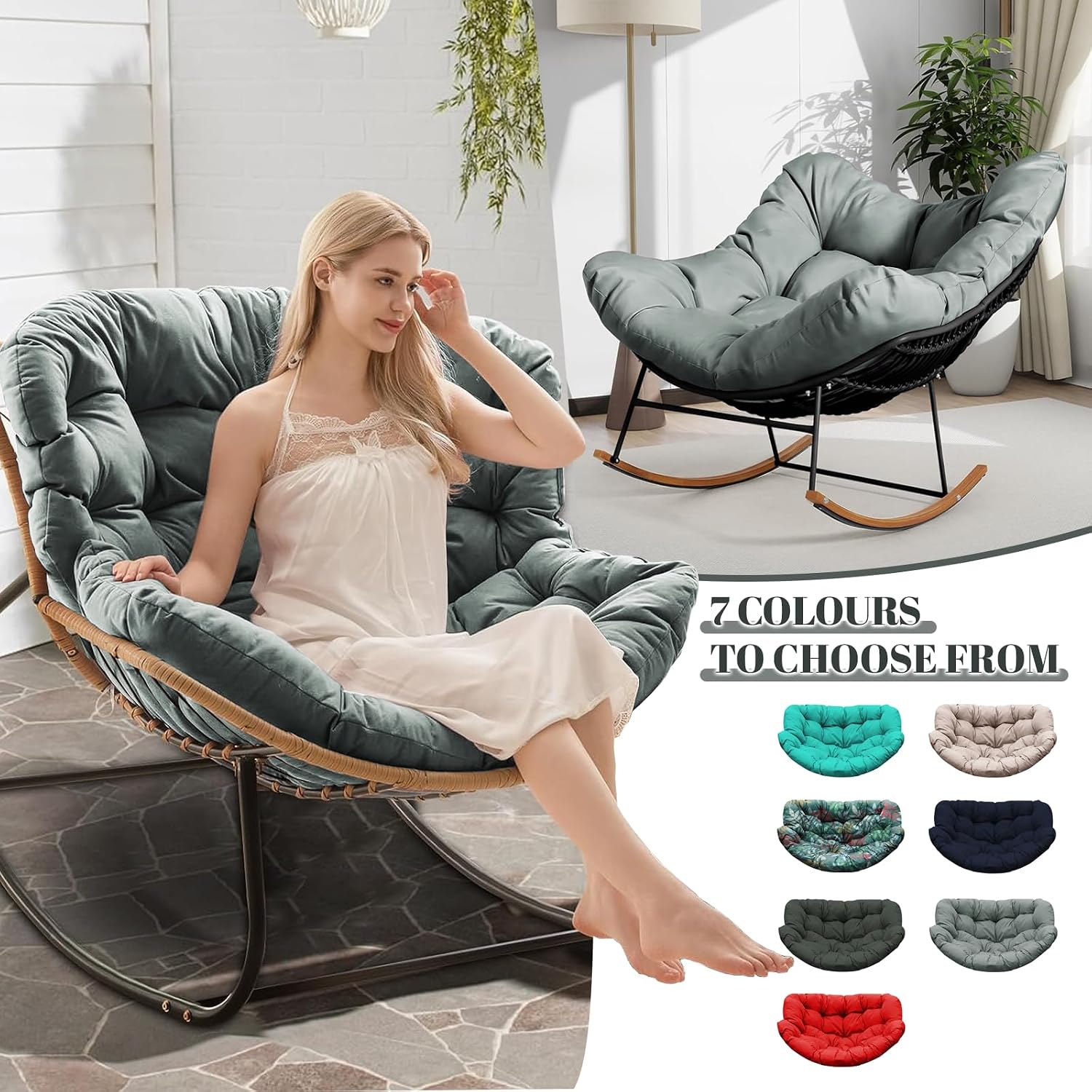 Outdoor Rocking Chair Cushions Replacement, 6''Thick Waterproof & Fade Resistant Papasan Chair Cushion with 6 Straps,Tufted Egg Chair Cushion for Indoor & Outdoor (Light Gray)