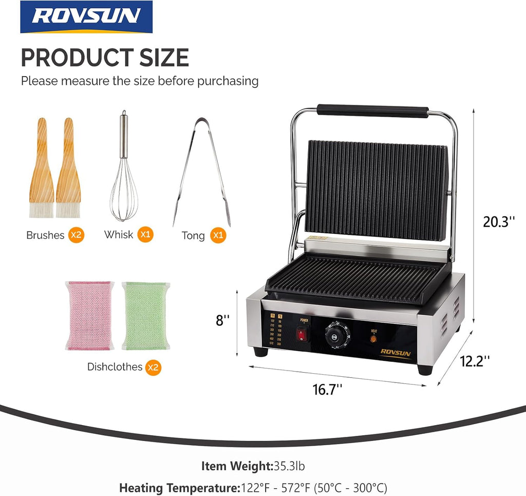 ROVSUN 811E Commercial Panini Press Grill, 2200W Stainless Steel Electric Countertop Sandwich Maker with Adjustable Temp 122°F–572°F, For Steak, Burgers, Home & Restaurant Use, 110V, Silver