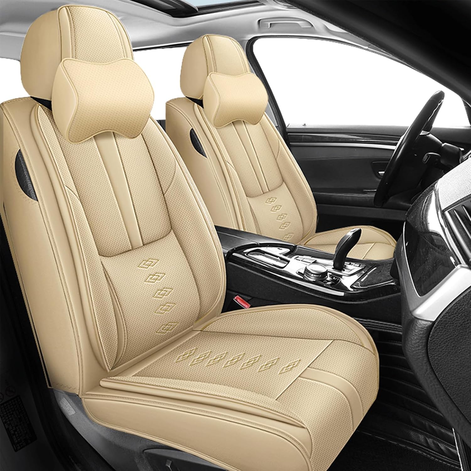 Leather Seat Covers for Jaguar XJ8 2000-2008,Car Seat Covers Front Set,Waterproof Car Seat Protectors with Airbag,Comfort Interior Cover Seats for Cars(Beige,Pillows)