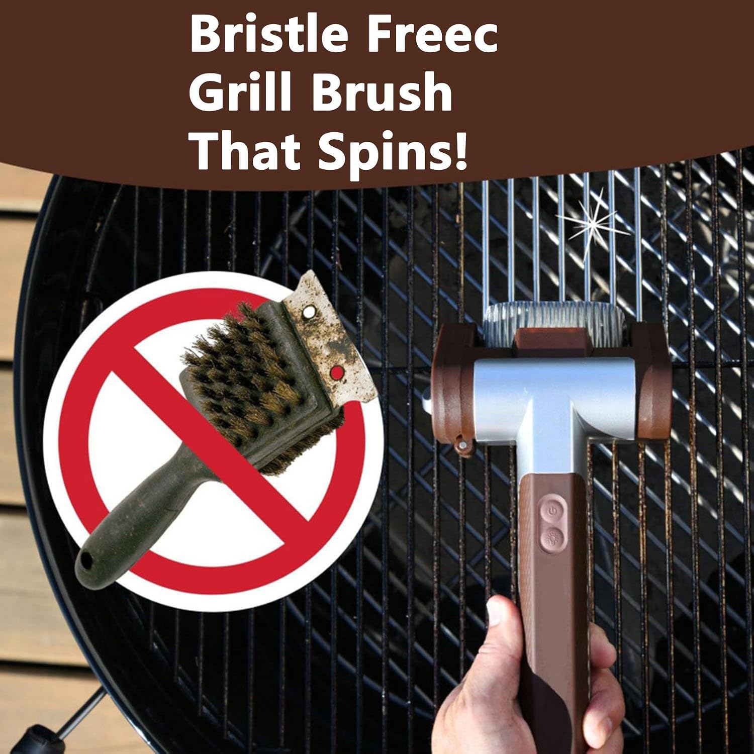 Spinning Grill Brush with Led Rechargeable Electric Grill Stainless Steel Brush Detachable 350 RPM Stainless Roller Blast Away Burnt-On Food,for Outdoor BBQ