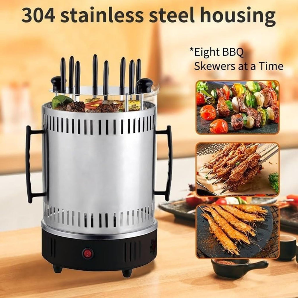 Electric Vertical Rotisserie Grill, Smokeless BBQ Rotating Rotisserie with Timer, Automatic Grill for Kebabs, 8 Forks Included, Perfect for Outdoor Cooking and Family Gatherings