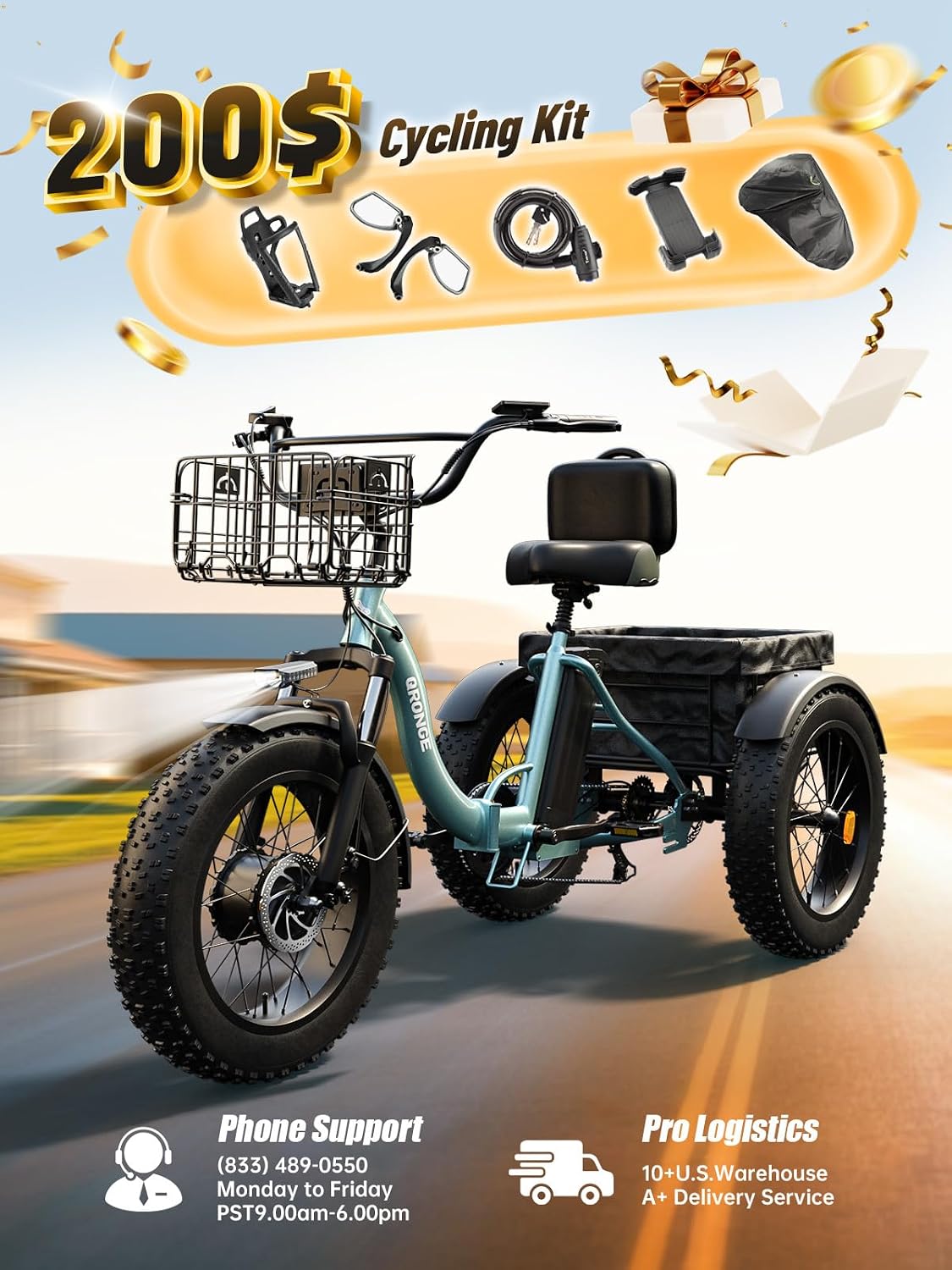 QRONGE Electric Trike for Adults 960W Peak, 36V 15AH Battery Ebike 50 Miles Range with Large Rear Basket, Electric Trike 20'*4' Fat Tire, Max 20MPH 3 Wheel Folding Electric Tricycle for Adults(Lava)