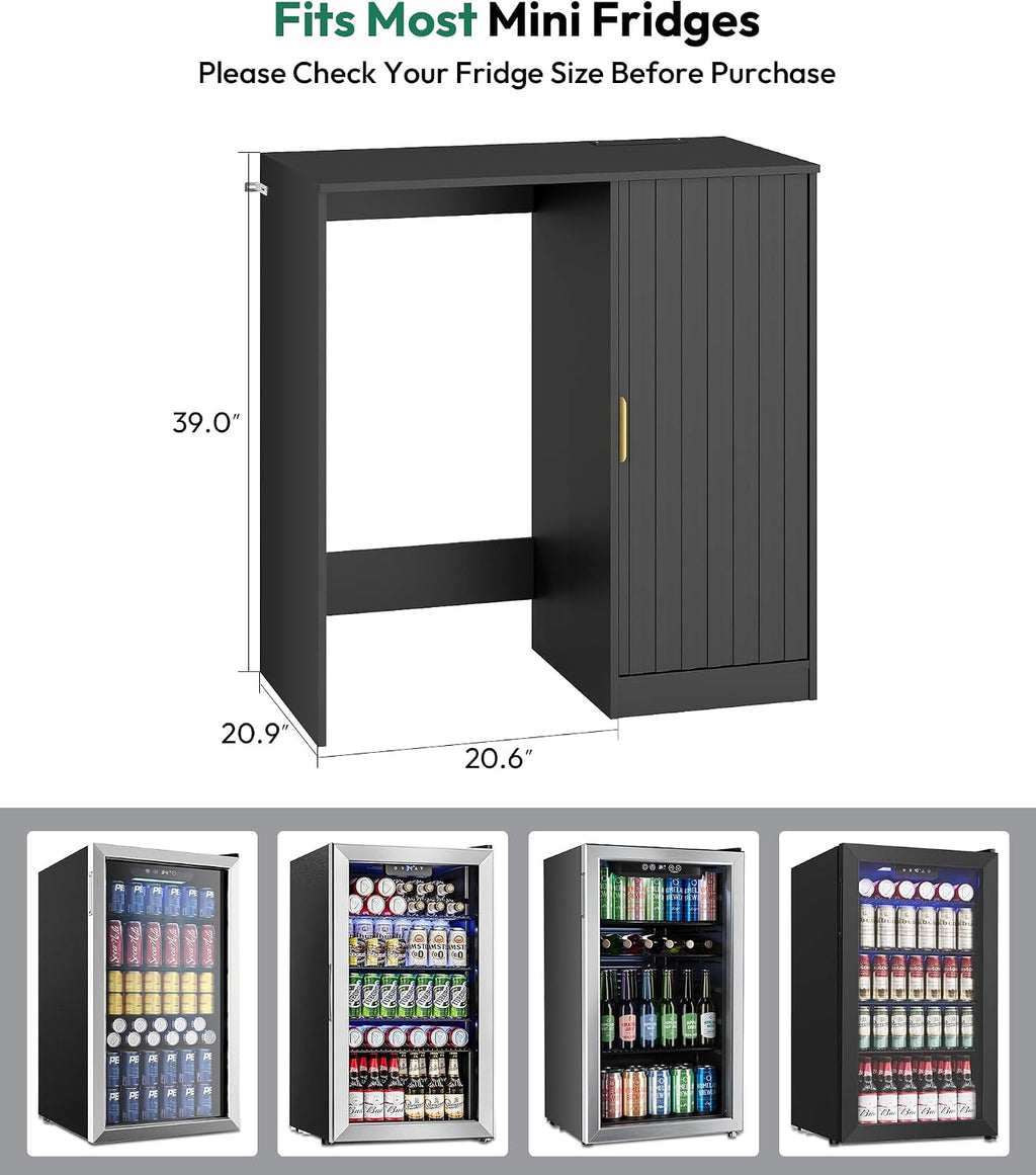 Lamtor Mini Fridge Cabinet with Storage - Snack Bar Cabinet with Power Outlet, Fluted Coffee Bar with Mini Fridge Space for Home Theater,Game Room,Living Room, Black