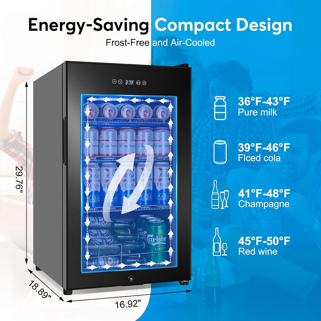 FoMup Beverage Refrigerator 17 inch Wide - 126 Can Beverage Cooler with Glass Door | Counter-Top/Freestanding Mini Beverage Beer Fridge | Temperature Memory | Invisible Door | Perfect for Soda,Beer